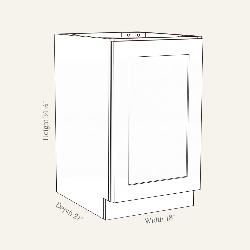 Angled line drawing of a Seaport Shaker full-height vanity with 1 door, 18W, 34.5H, 21D.