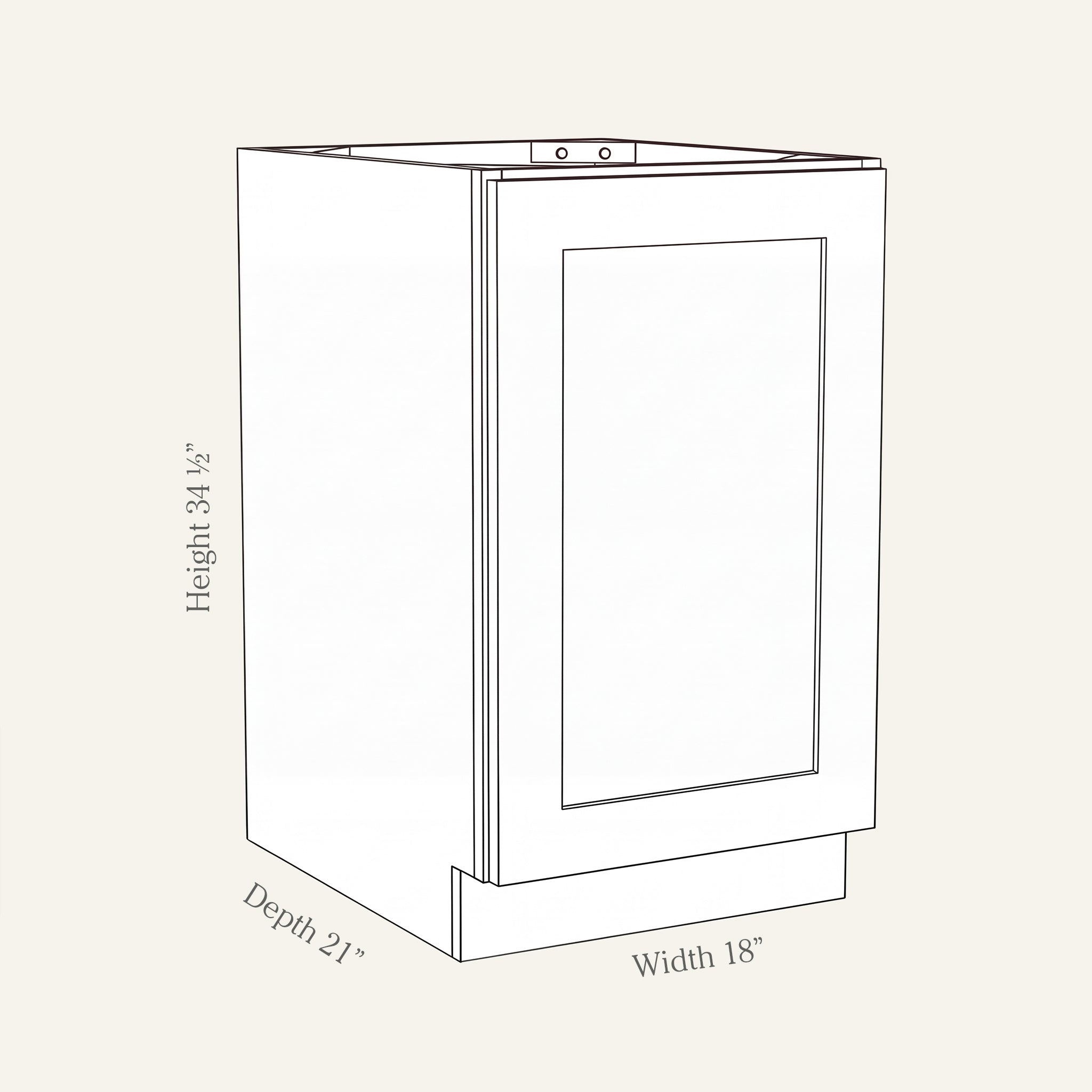Angled line drawing of a Seaport Shaker full-height vanity with 1 door, 18W, 34.5H, 21D.