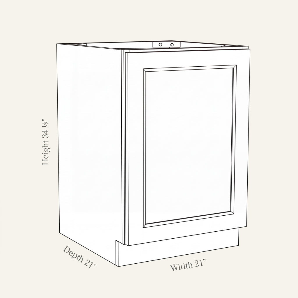 Dimension drawing of a Belmont Shaker full-height vanity cabinet with 1 door, 21W, 34.5H, 21D.