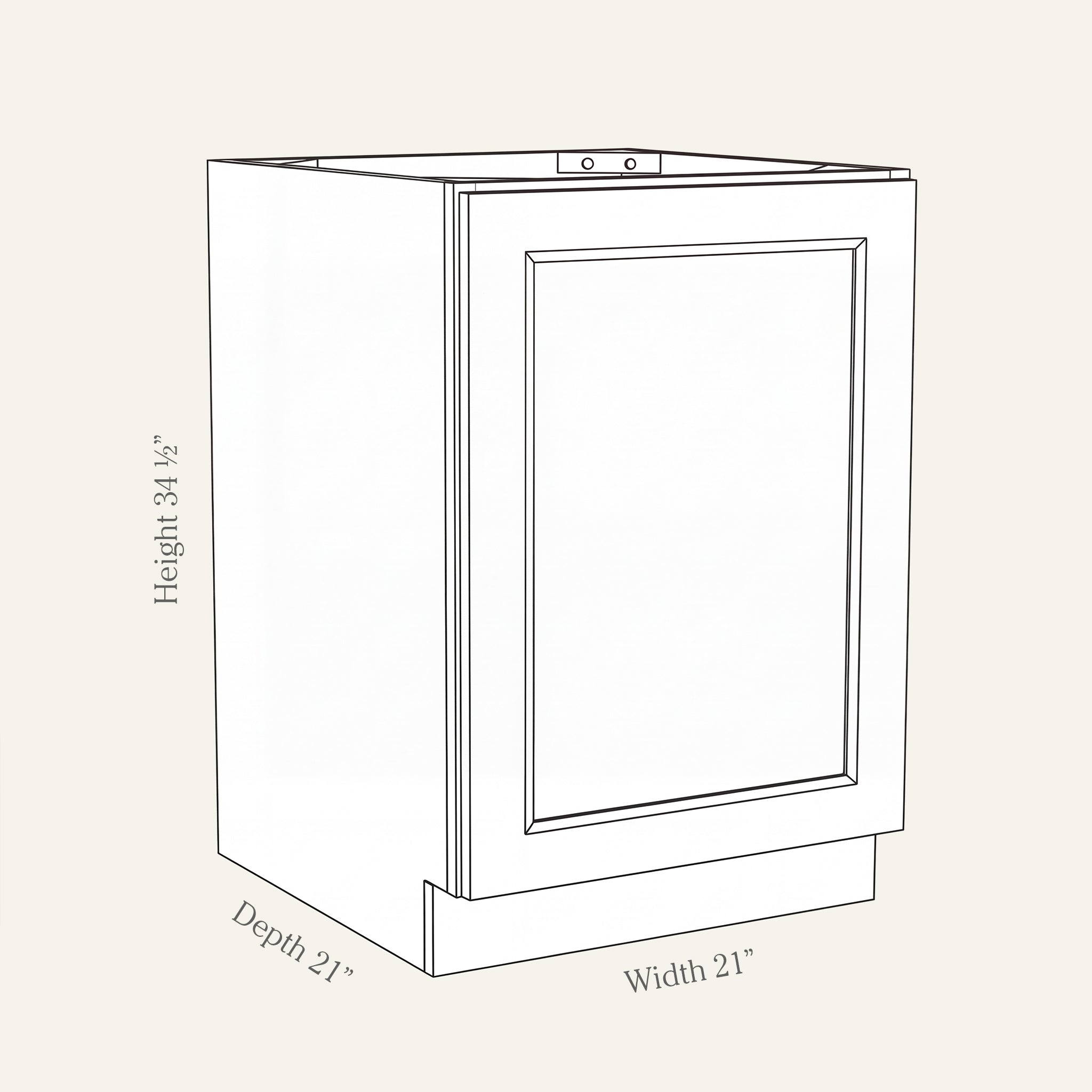 Dimension drawing of a Belmont Shaker full-height vanity cabinet with 1 door, 21W, 34.5H, 21D.