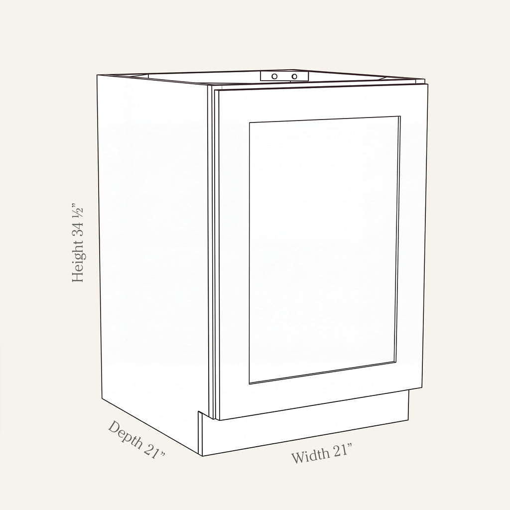 Angled line drawing of a Seaport Shaker full-height vanity with 1 door, 21W, 34.5H, 21D.