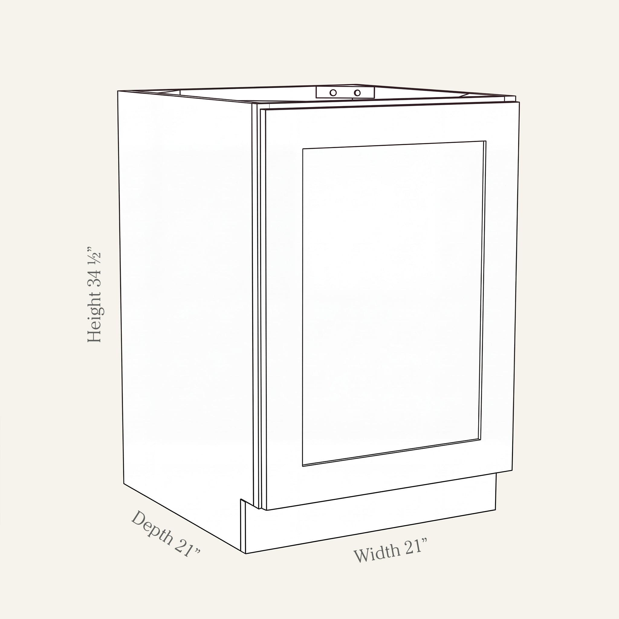 Angled line drawing of a Seaport Shaker full-height vanity with 1 door, 21W, 34.5H, 21D.
