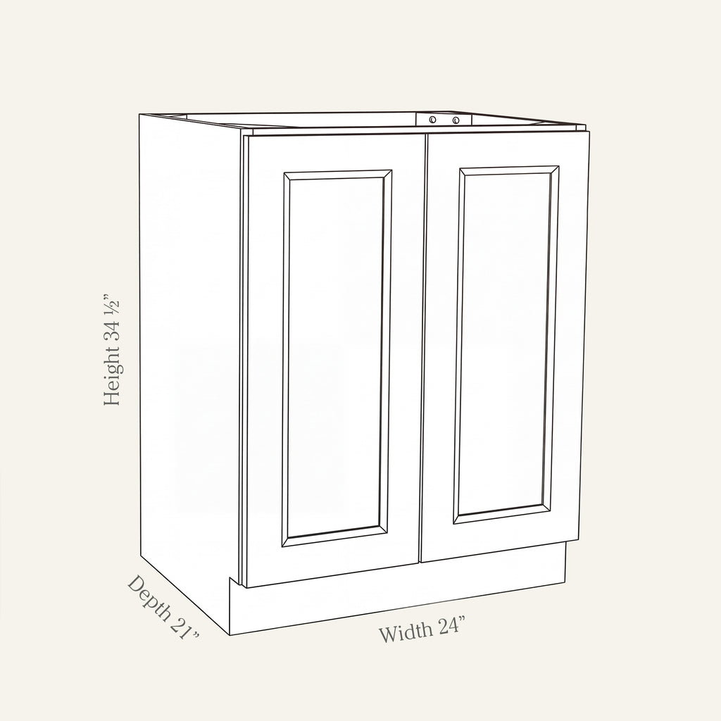 Dimension drawing of a Belmont Shaker full-height vanity cabinet with 2 doors, 24W, 34.5H, 21D.