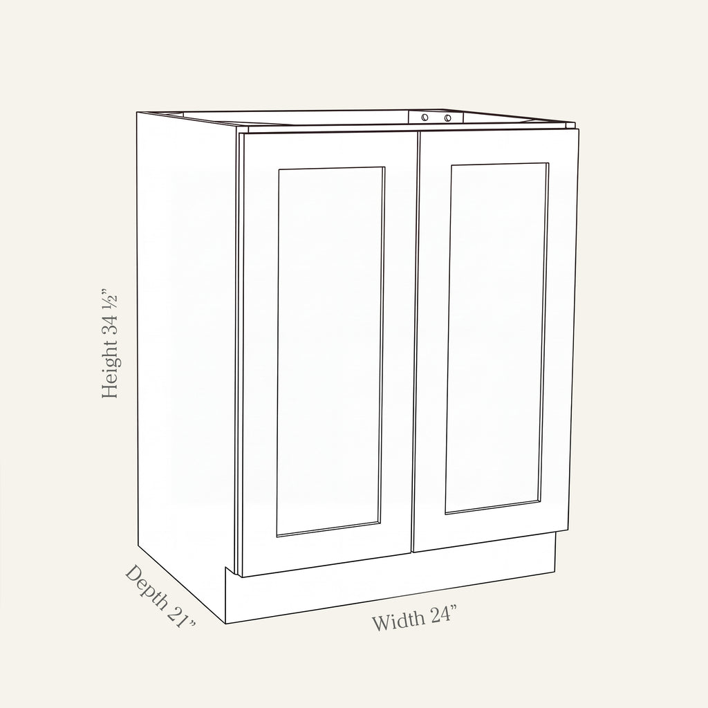 Angled line drawing of a Seaport Shaker full-height vanity with 2 doors, 24W, 34.5H, 21D.