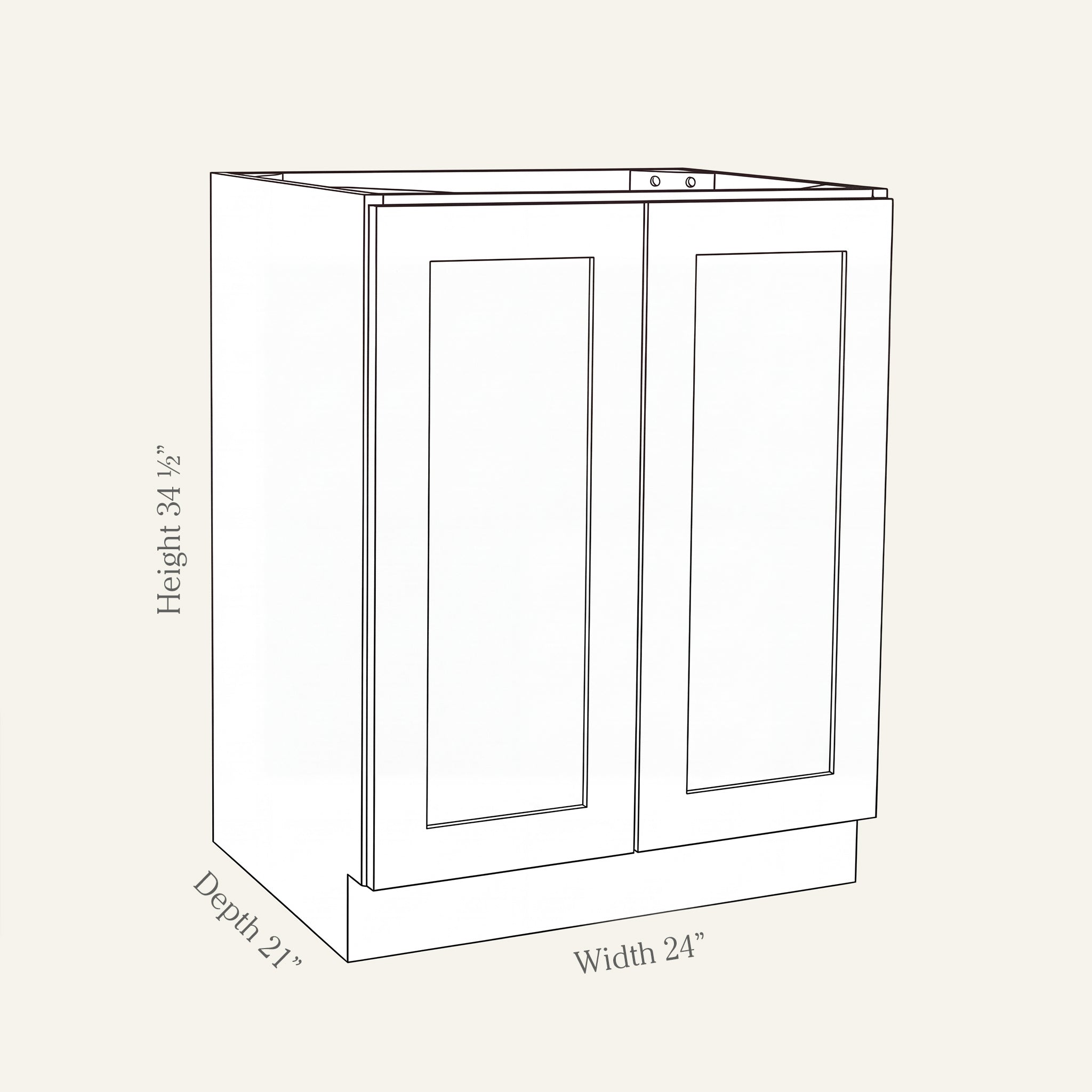 Angled line drawing of a Seaport Shaker full-height vanity with 2 doors, 24W, 34.5H, 21D.