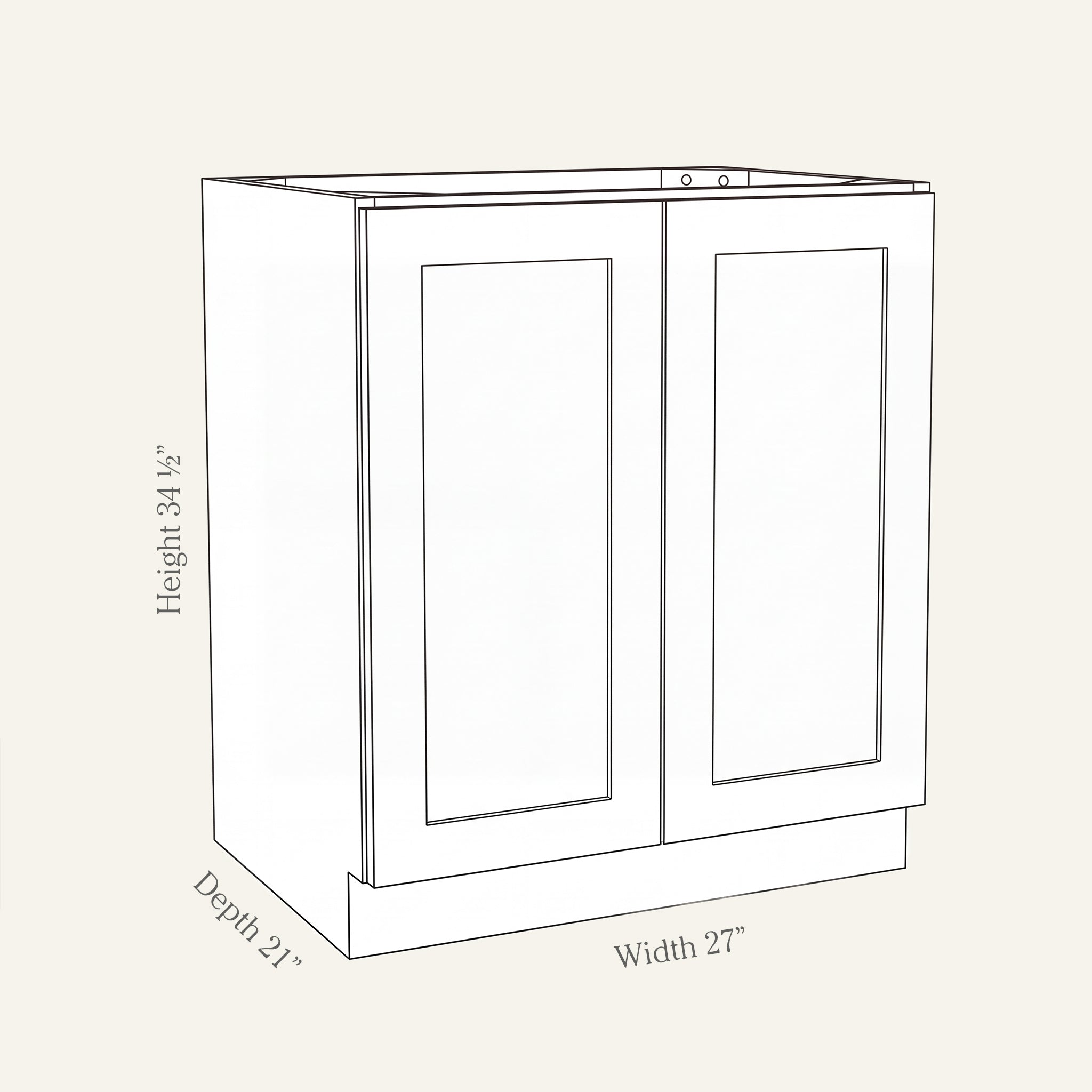 Angled line drawing of a Seaport Shaker full-height vanity with 2 doors, 27W, 34.5H, 21D.