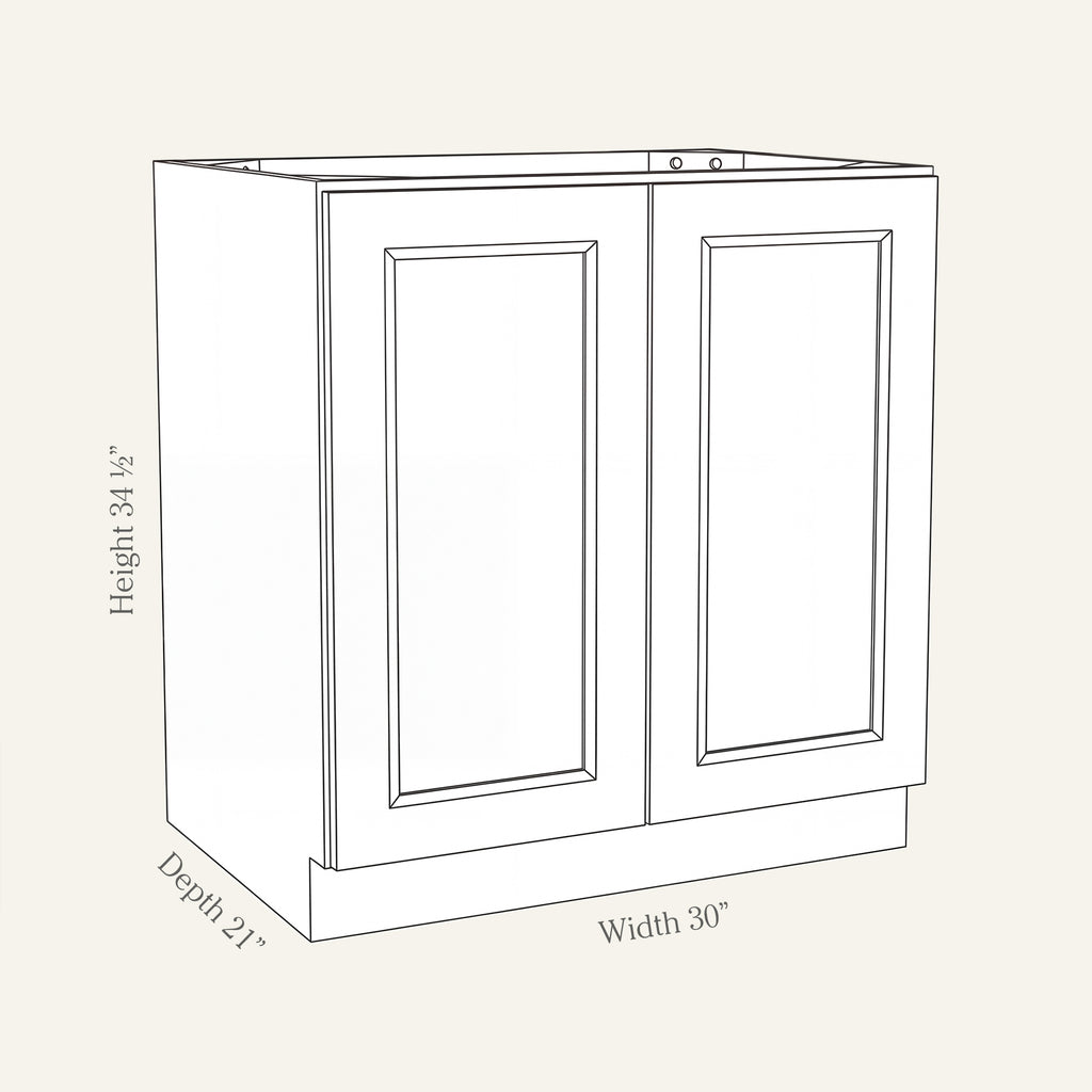 Dimension drawing of a Belmont Shaker full-height vanity cabinet with 2 doors, 30W, 34.5H, 21D.