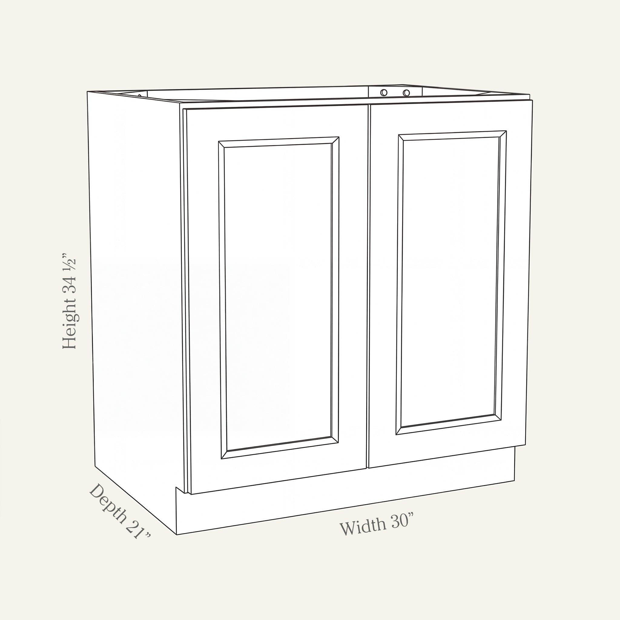 Dimension drawing of a Belmont Shaker full-height vanity cabinet with 2 doors, 30W, 34.5H, 21D.