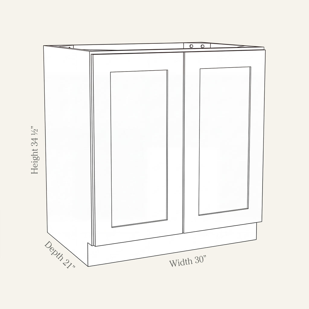 Angled line drawing of a Seaport Shaker full-height vanity with 2 doors, 30W, 34.5H, 21D.