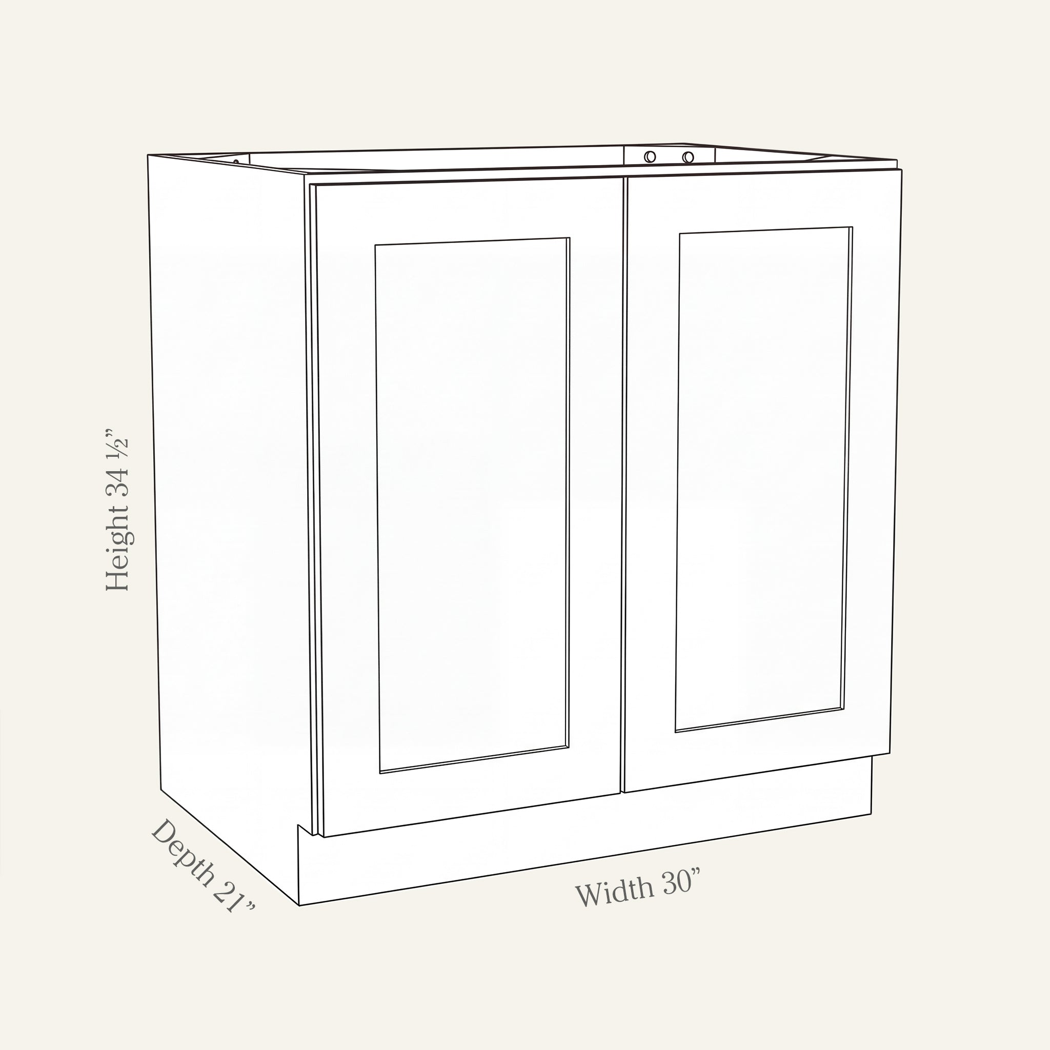 Angled line drawing of a Seaport Shaker full-height vanity with 2 doors, 30W, 34.5H, 21D.