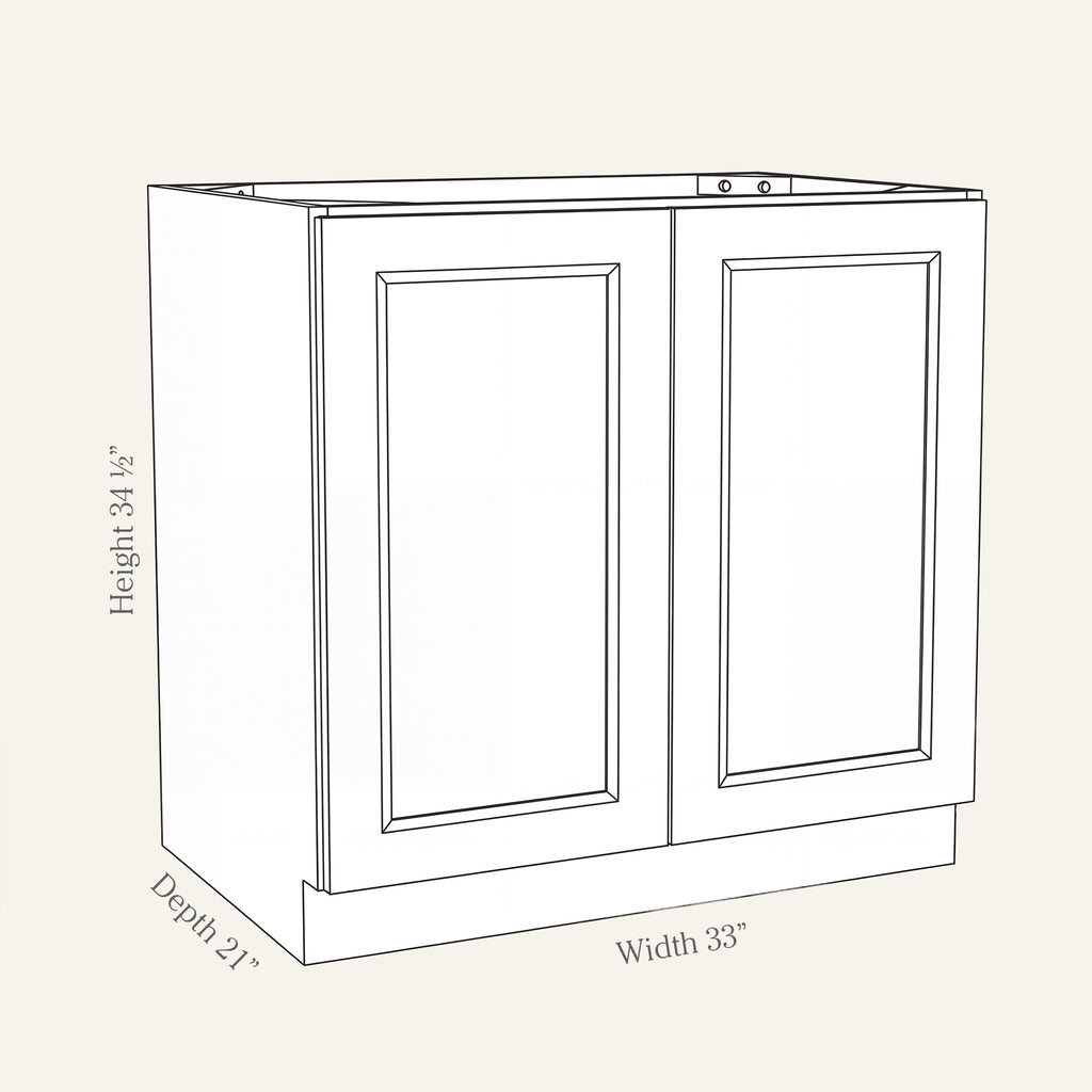Dimension drawing of a Belmont Shaker full-height vanity cabinet with 2 doors, 33W, 34.5H, 21D.