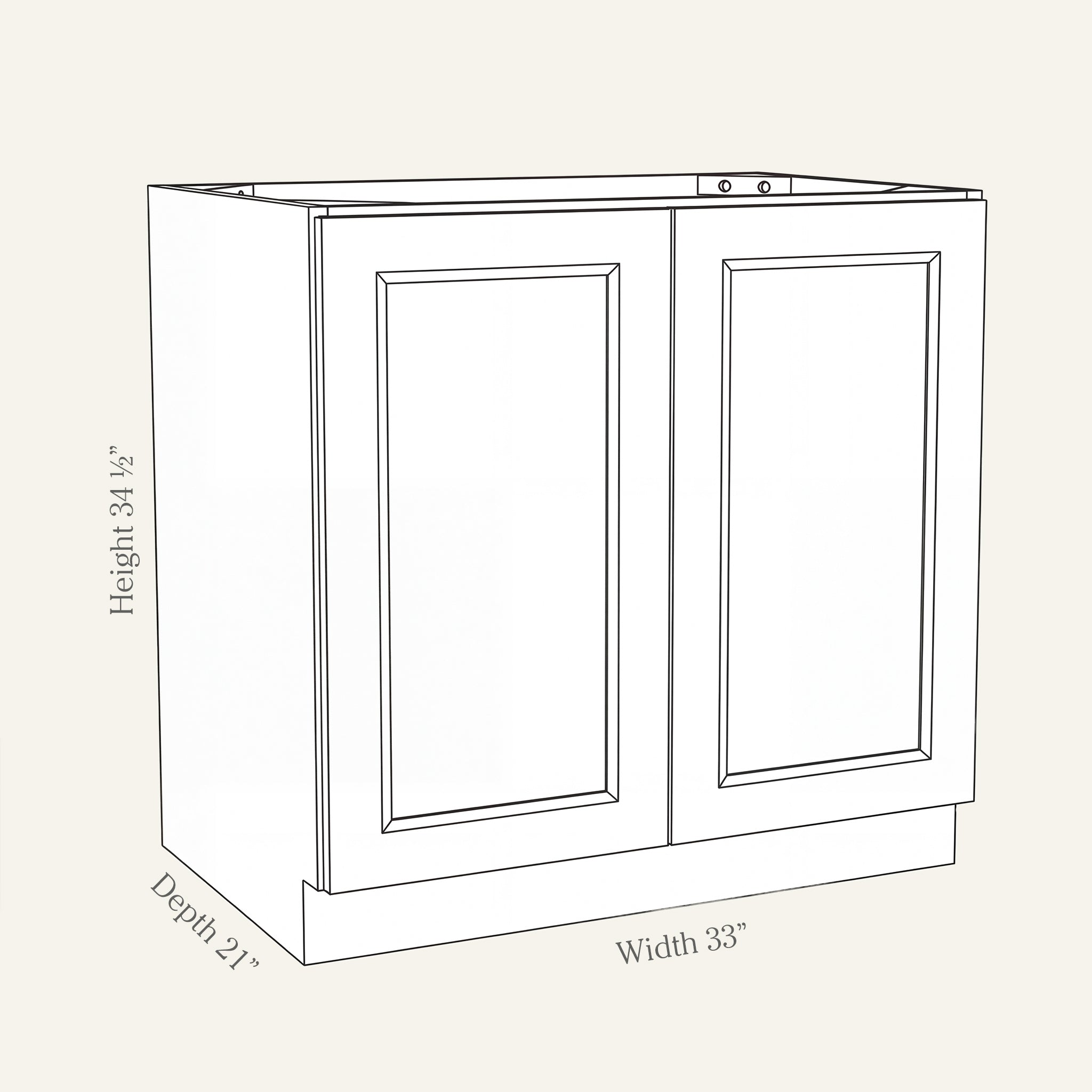 Dimension drawing of a Belmont Shaker full-height vanity cabinet with 2 doors, 33W, 34.5H, 21D.