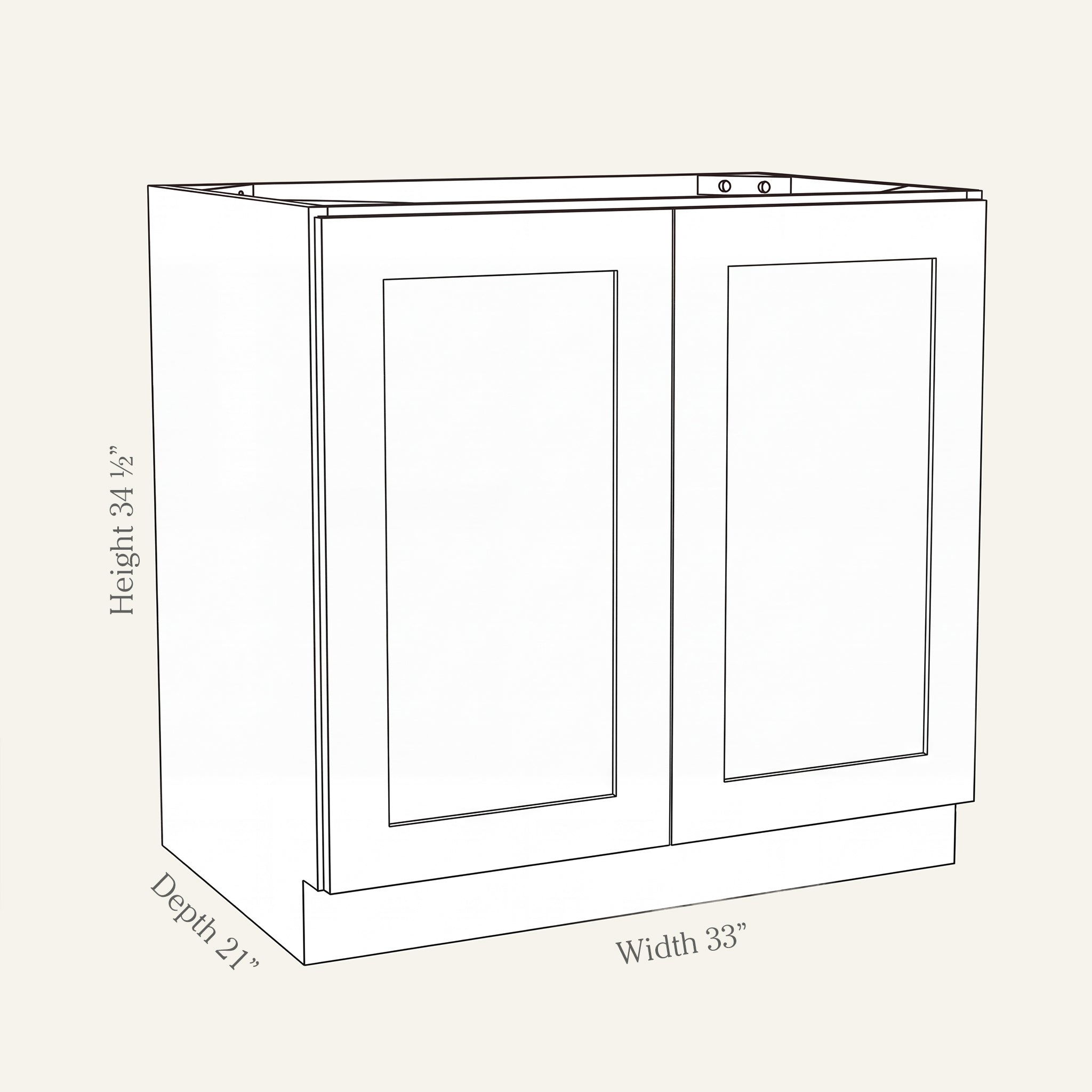 Angled line drawing of a Seaport Shaker full-height vanity with 2 doors, 33W, 34.5H, 21D.