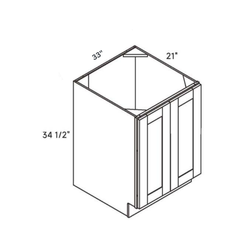 White contemporary shaker full, 33″ wide, 34.5″ high, 21″ deep, shown in a technical line drawing with dimensions. Part of the Belmont line from the Kitchen & Cabinet Store.