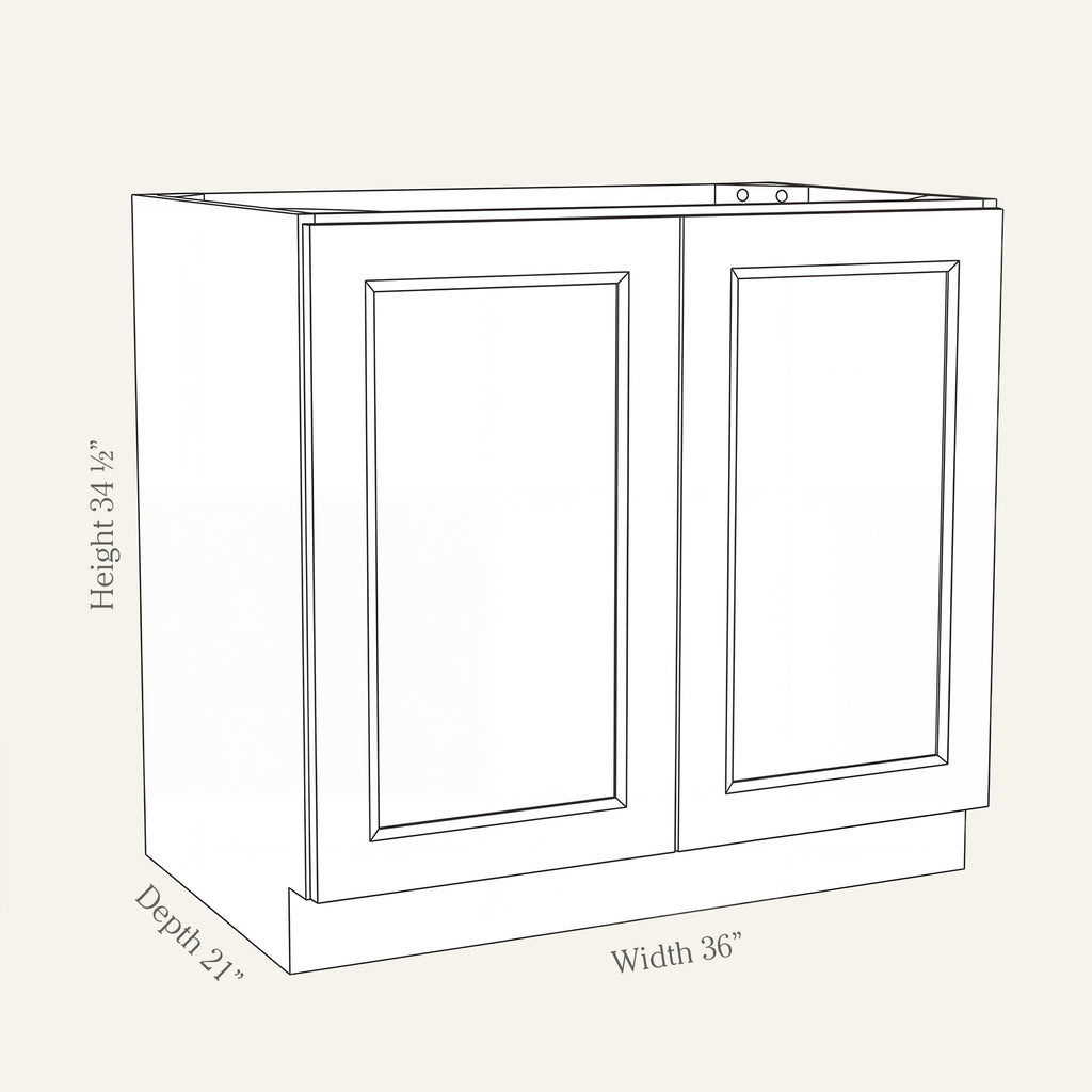 Dimension drawing of a Belmont Shaker full-height vanity cabinet with 2 doors, 36W, 34.5H, 21D.