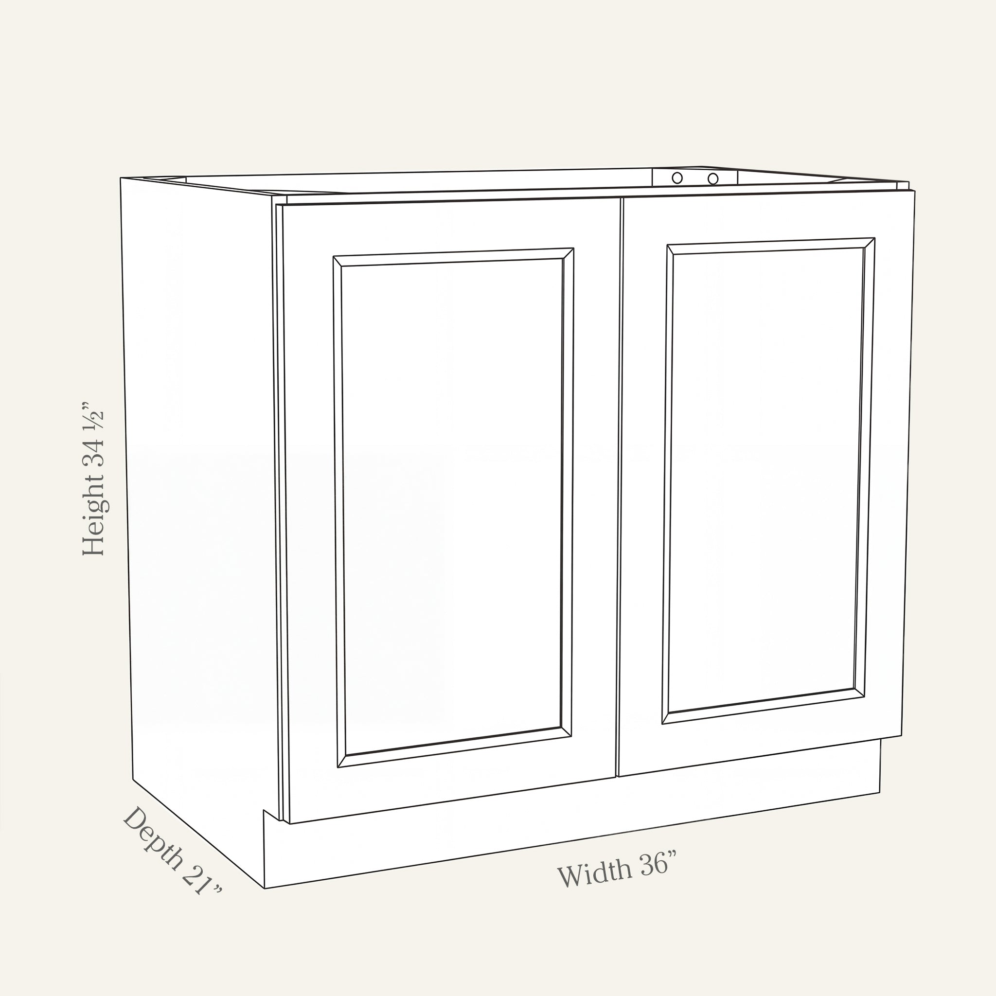 Dimension drawing of a Belmont Shaker full-height vanity cabinet with 2 doors, 36W, 34.5H, 21D.