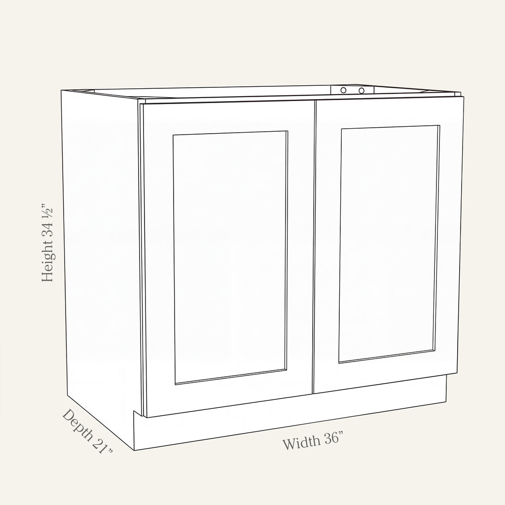 Angled line drawing of a Seaport Shaker full-height vanity with 2 doors, 36W, 34.5H, 21D.