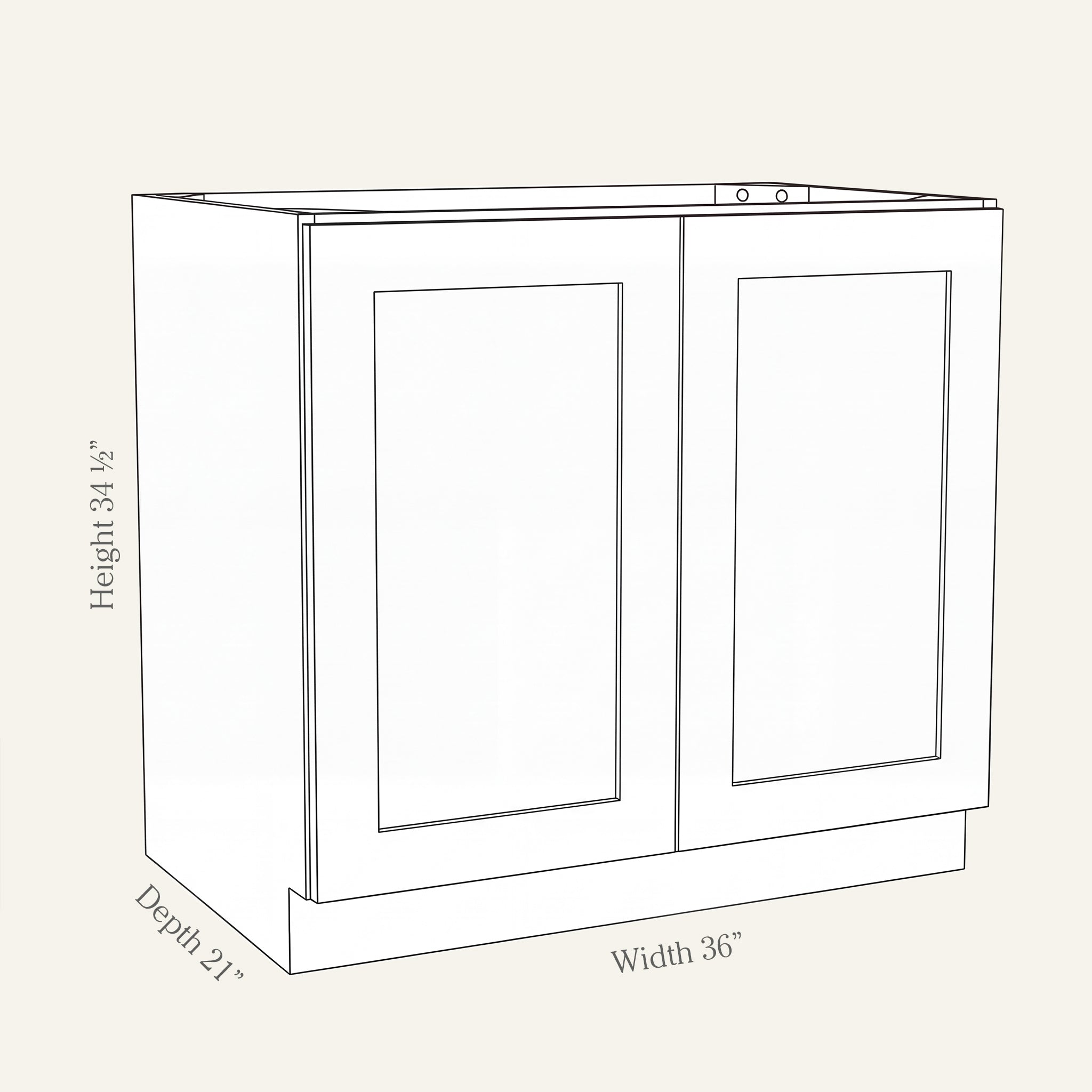 Angled line drawing of a Seaport Shaker full-height vanity with 2 doors, 36W, 34.5H, 21D.
