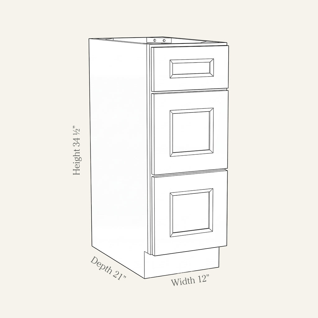 Dimension drawing of a Belmont Shaker 3-drawer vanity cabinet, 12W, 34.5H, 21D.
