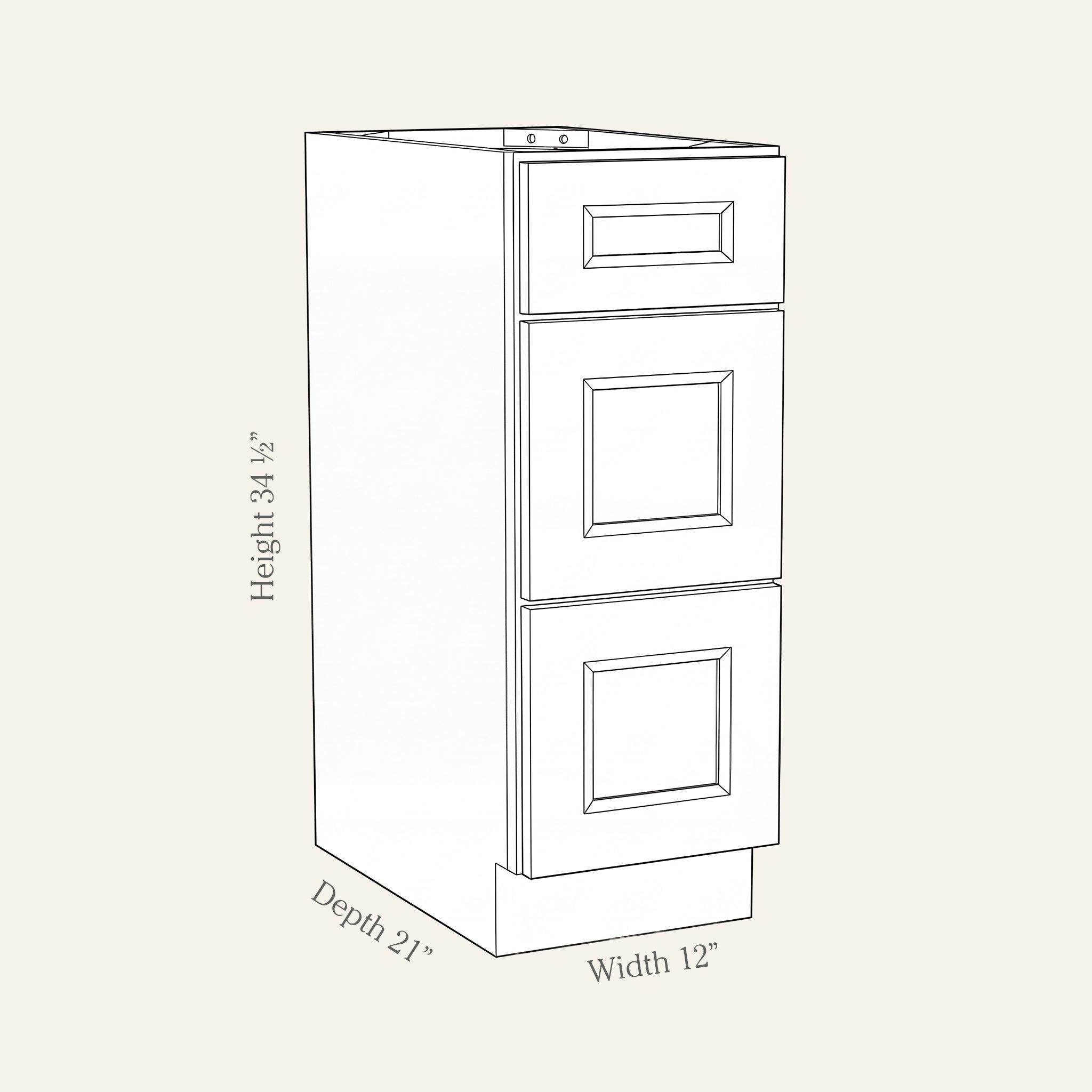Dimension drawing of a Belmont Shaker 3-drawer vanity cabinet, 12W, 34.5H, 21D.