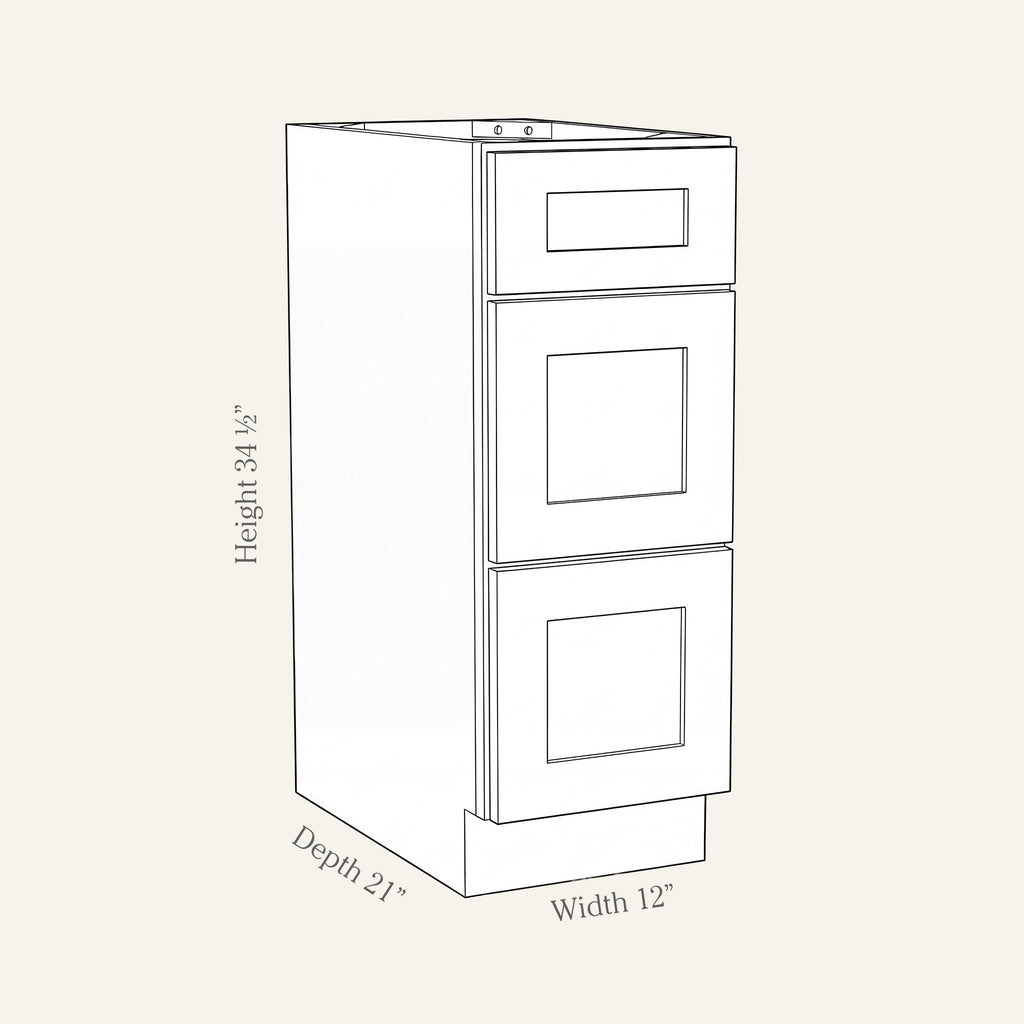 Angled line drawing of a Seaport Shaker 3-drawer vanity base, 12W, 34.5H, 21D.