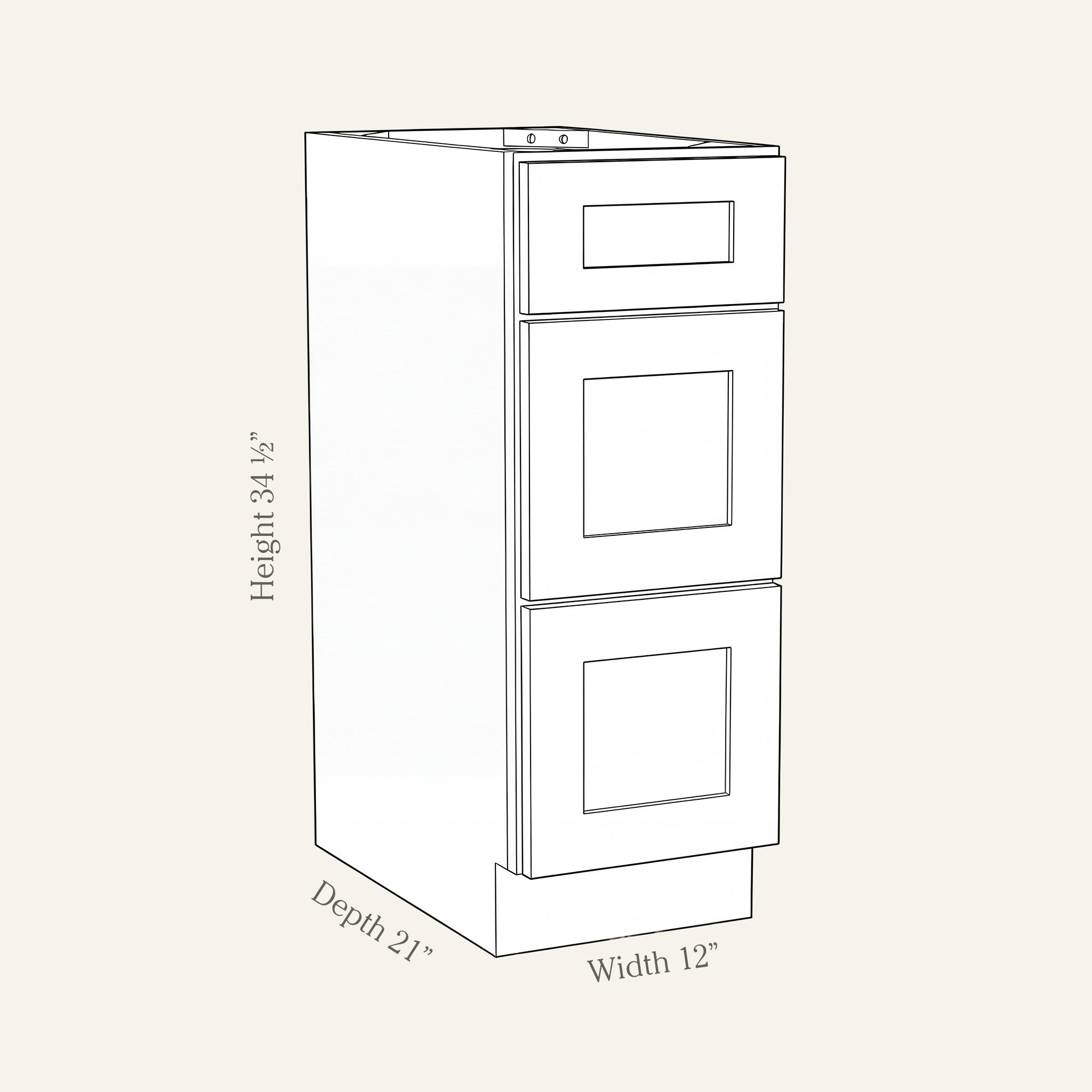 Angled line drawing of a Seaport Shaker 3-drawer vanity base, 12W, 34.5H, 21D.