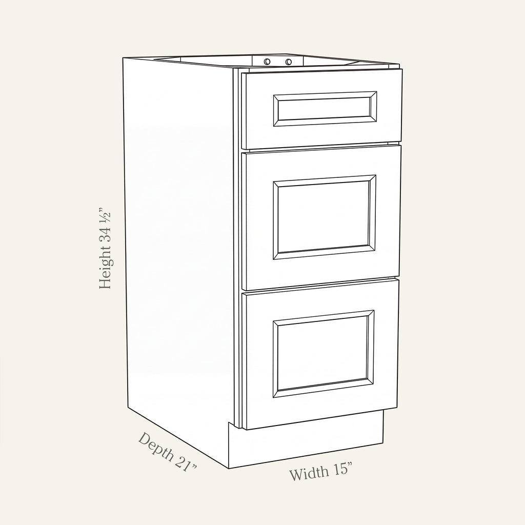 Dimension drawing of a Belmont Shaker 3-drawer vanity cabinet, 15W, 34.5H, 21D.