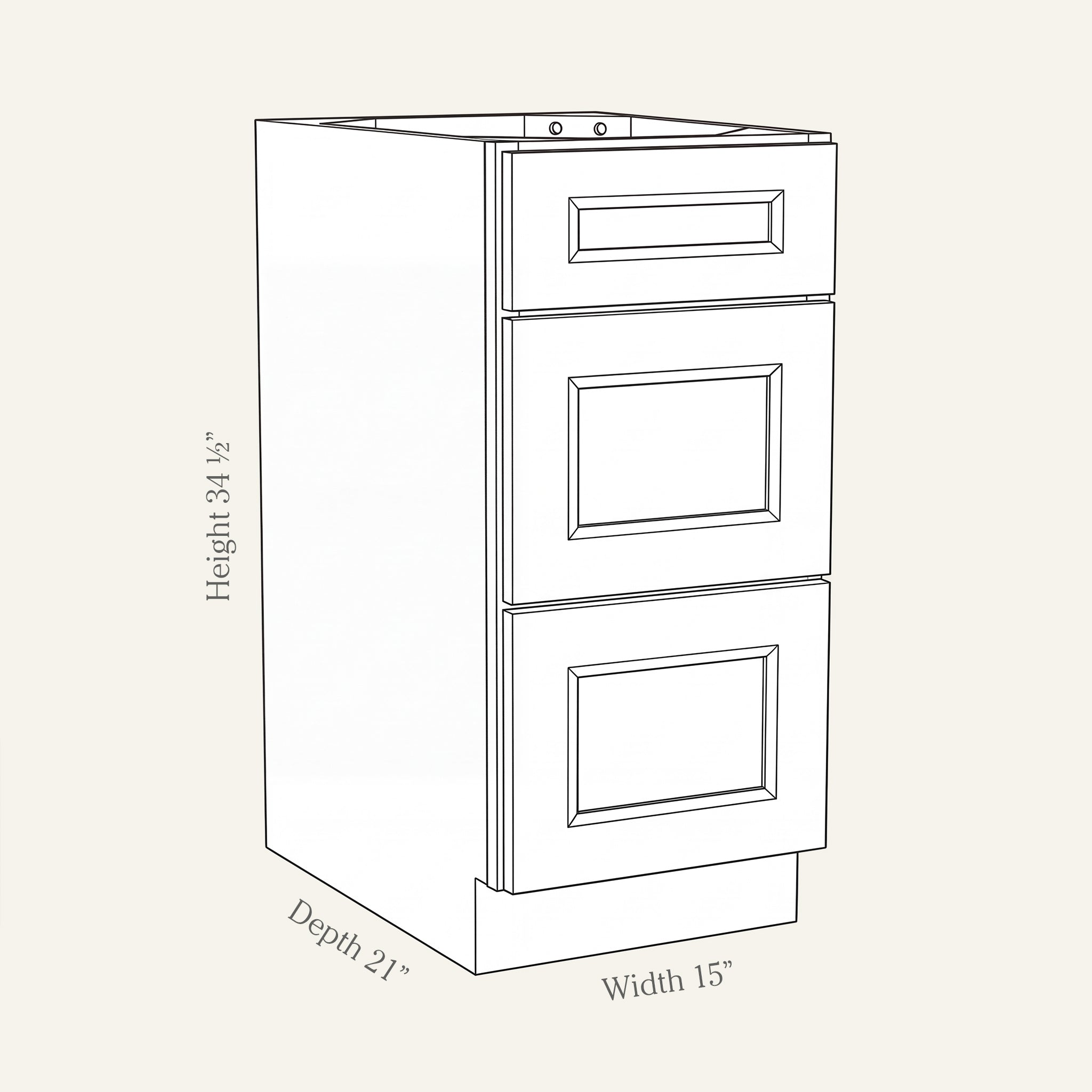 Dimension drawing of a Belmont Shaker 3-drawer vanity cabinet, 15W, 34.5H, 21D.