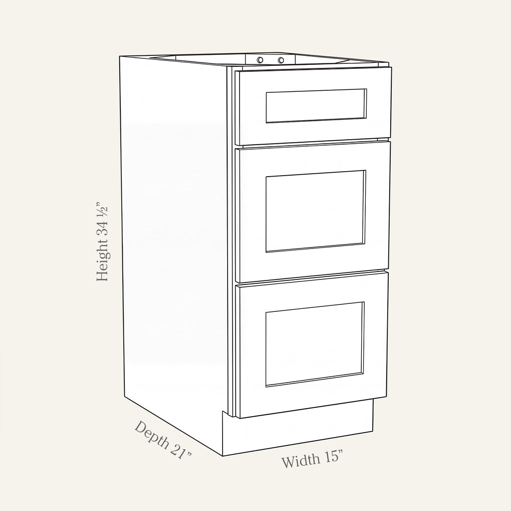 Angled line drawing of a Seaport Shaker 3-drawer vanity base, 15W, 34.5H, 21D.