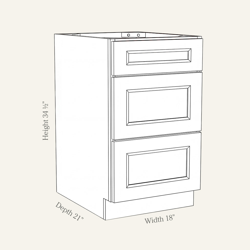 Dimension drawing of a Belmont Shaker 3-drawer vanity cabinet, 18W, 34.5H, 21D.