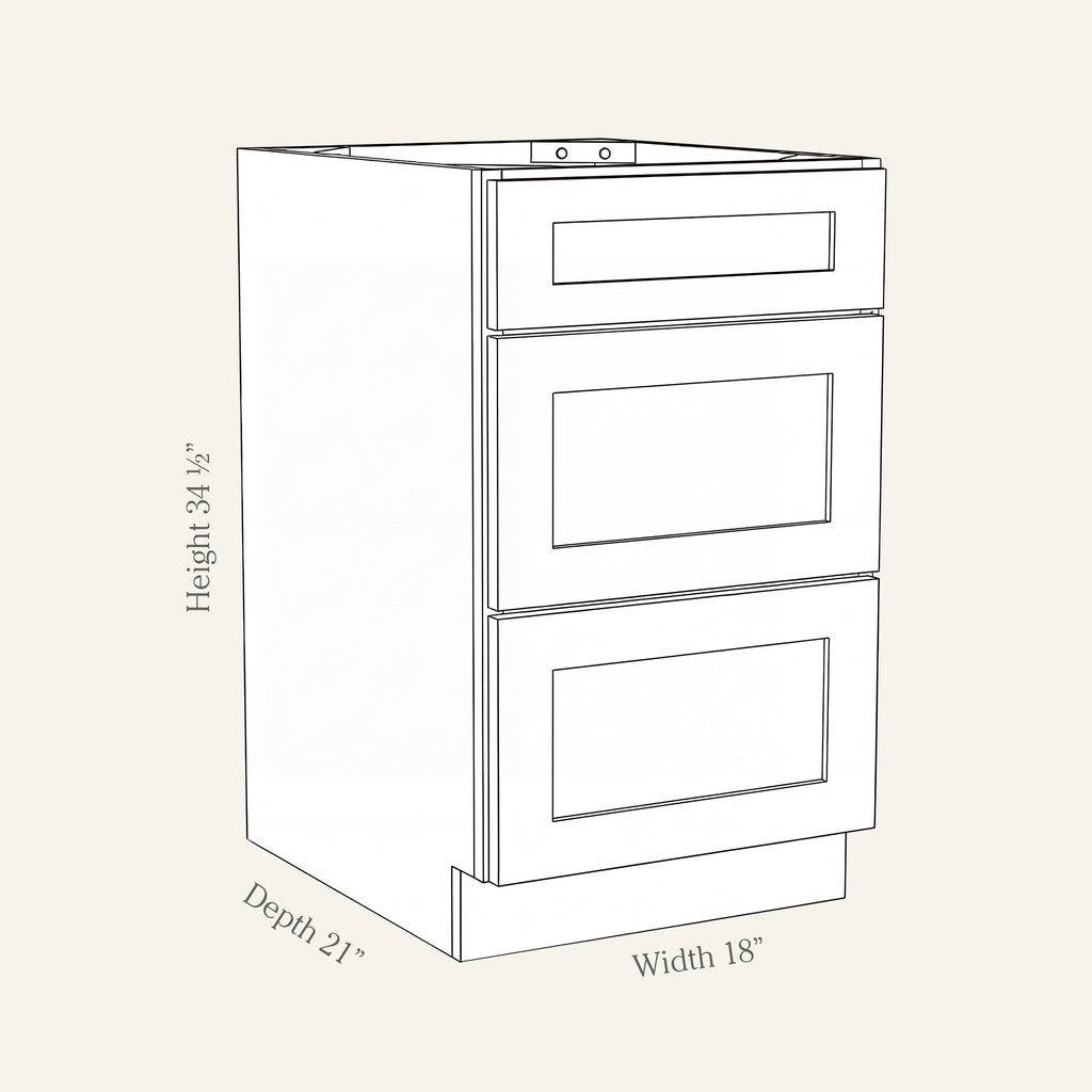 Angled line drawing of a Seaport Shaker 3-drawer vanity base, 18W, 34.5H, 21D.