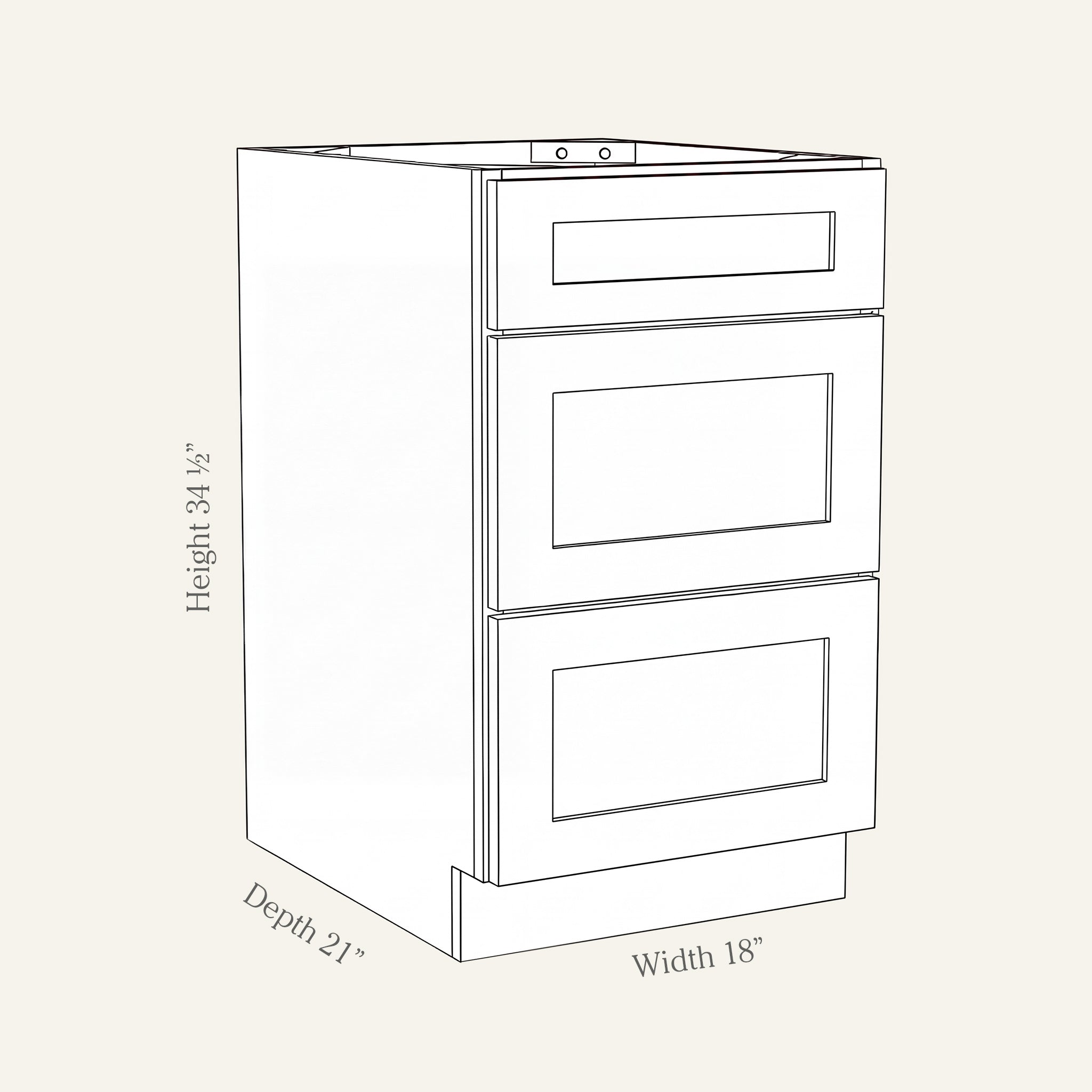 Angled line drawing of a Seaport Shaker 3-drawer vanity base, 18W, 34.5H, 21D.