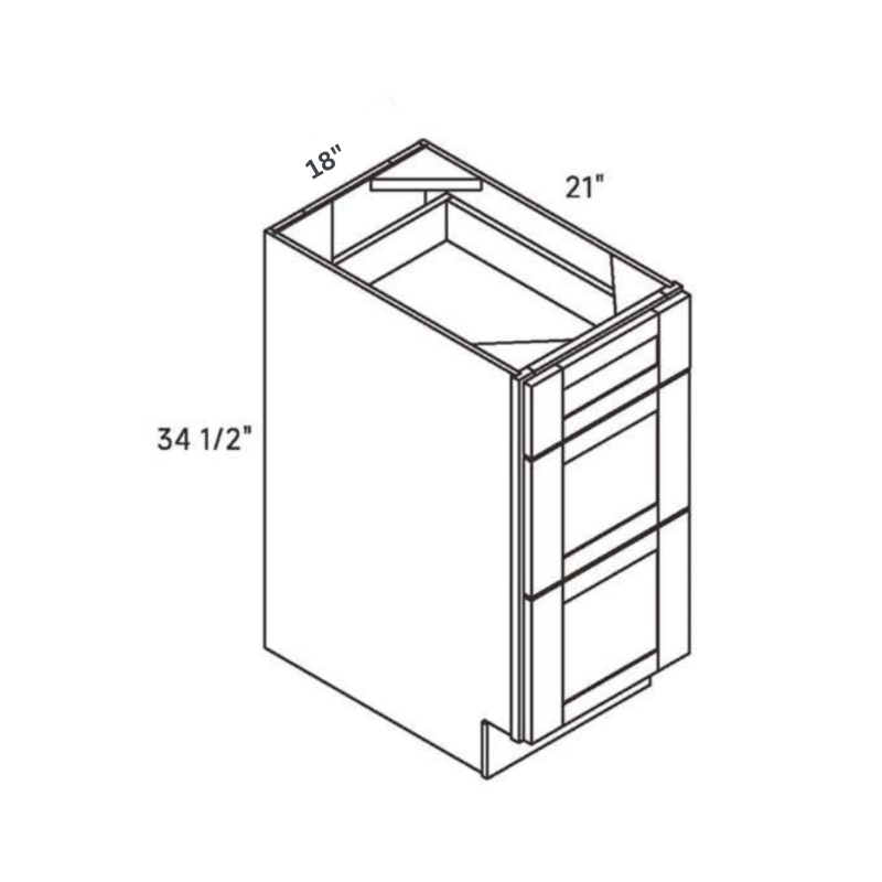 White contemporary shaker 3, 18″ wide, 34.5″ high, 21″ deep, shown in a technical line drawing with dimensions. Part of the Belmont line from the Kitchen & Cabinet Store.