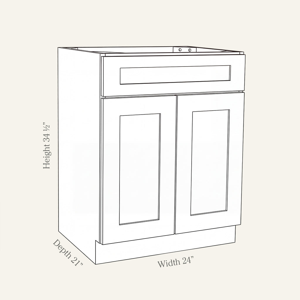 Angled line drawing of a Seaport Shaker vanity sink base with 2 doors and a false drawer front, 24W, 34.5H, 21D.