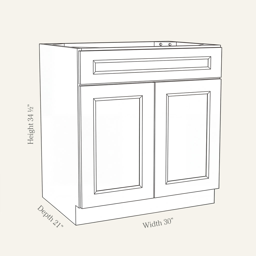 Dimension drawing of a Belmont Shaker vanity sink base cabinet with 2 doors and a false drawer front, 30W, 34.5H, 21D.