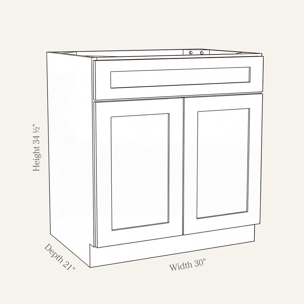 Angled line drawing of a Seaport Shaker vanity sink base with 2 doors and a false drawer front, 30W, 34.5H, 21D.