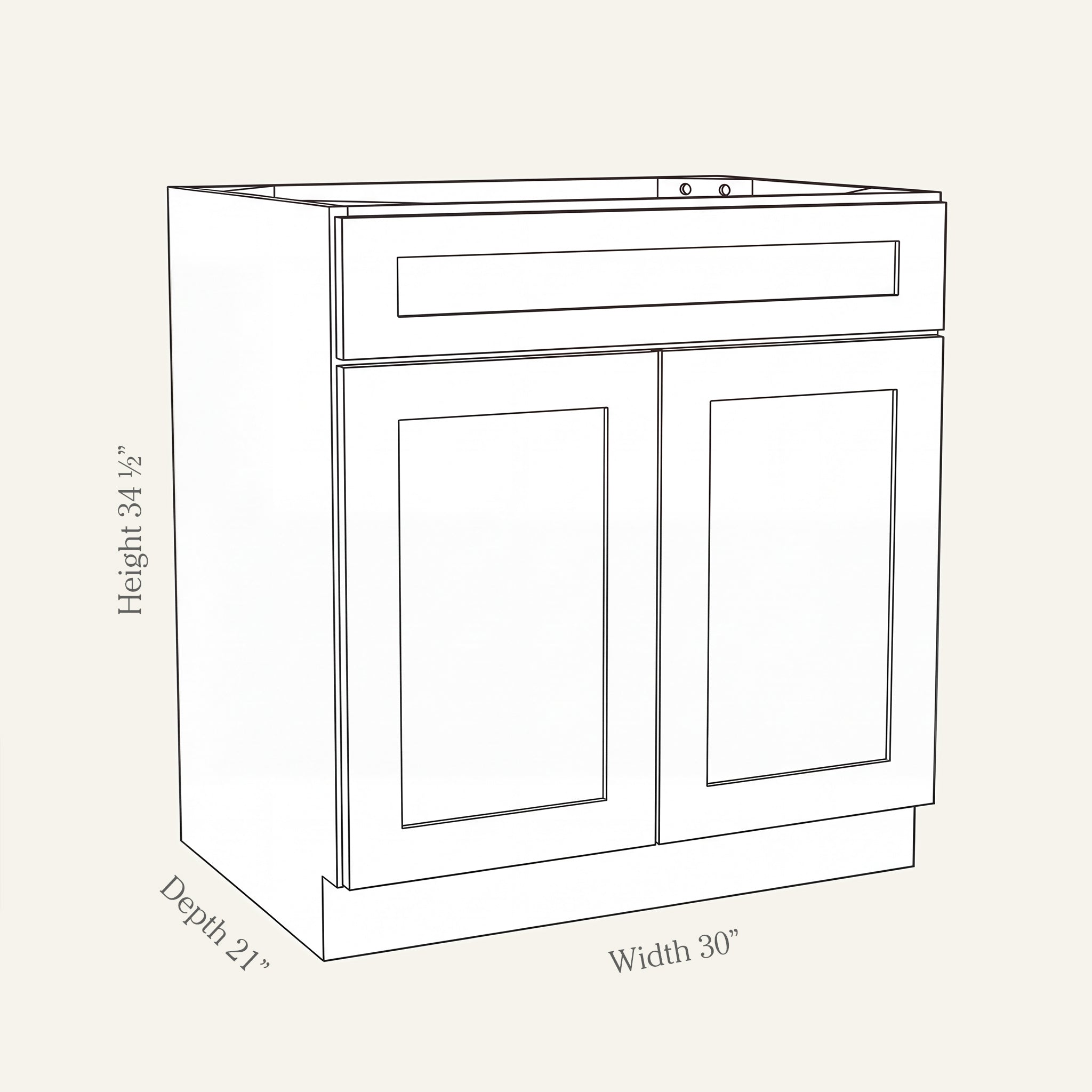 Angled line drawing of a Seaport Shaker vanity sink base with 2 doors and a false drawer front, 30W, 34.5H, 21D.