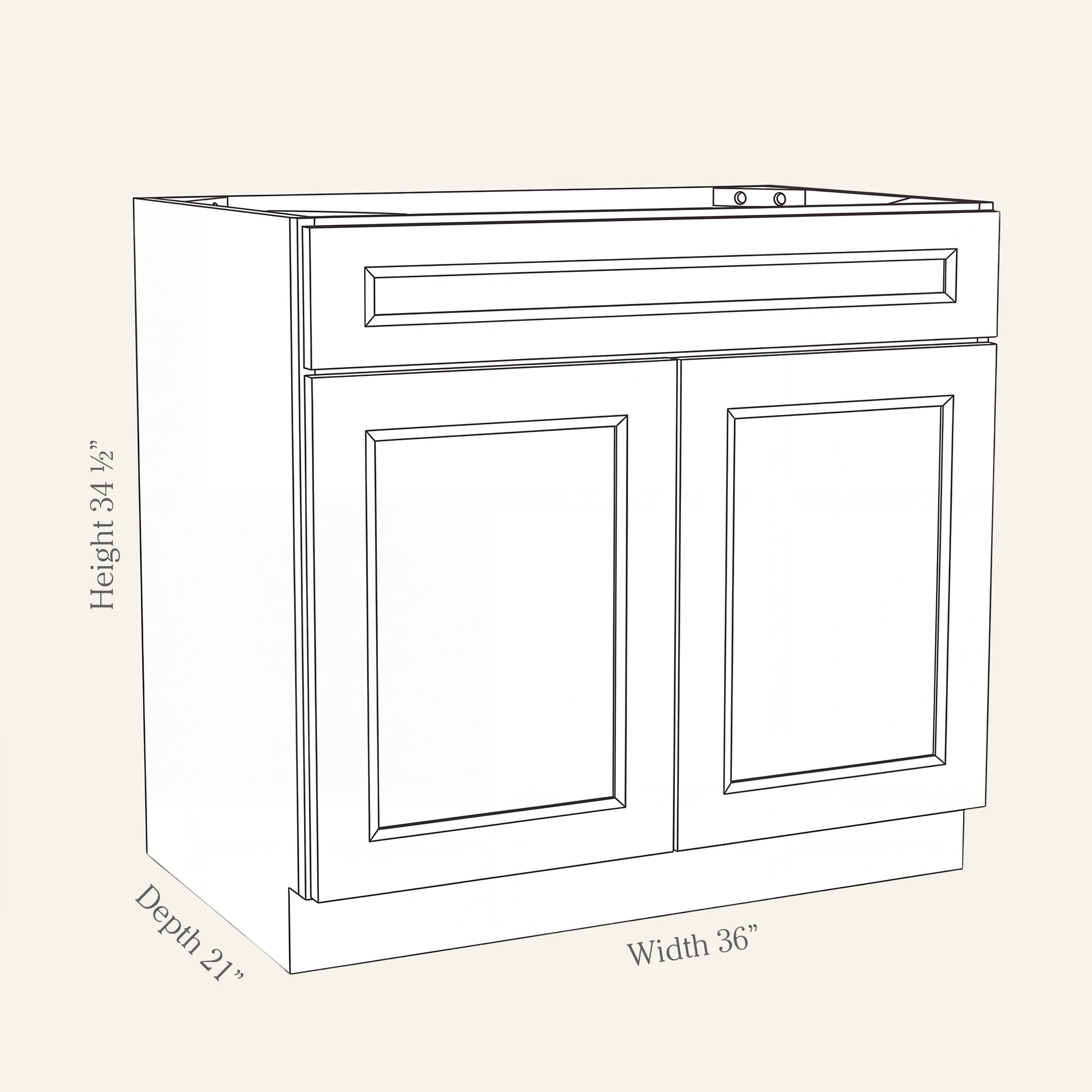 Dimension drawing of a Belmont Shaker vanity sink base cabinet with 2 doors and a false drawer front, 36W, 34.5H, 21D.