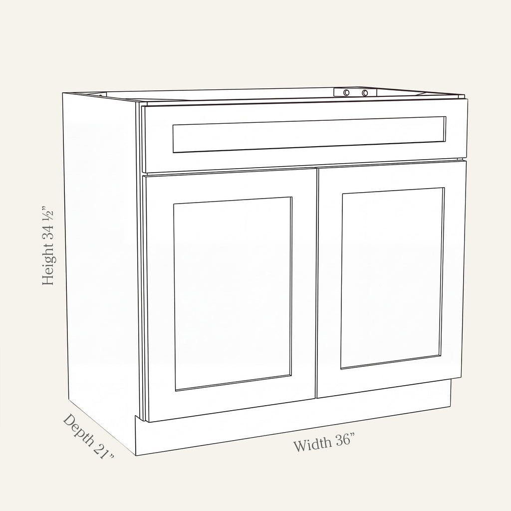 Angled line drawing of a Seaport Shaker vanity sink base with 2 doors and a false drawer front, 36W, 34.5H, 21D.