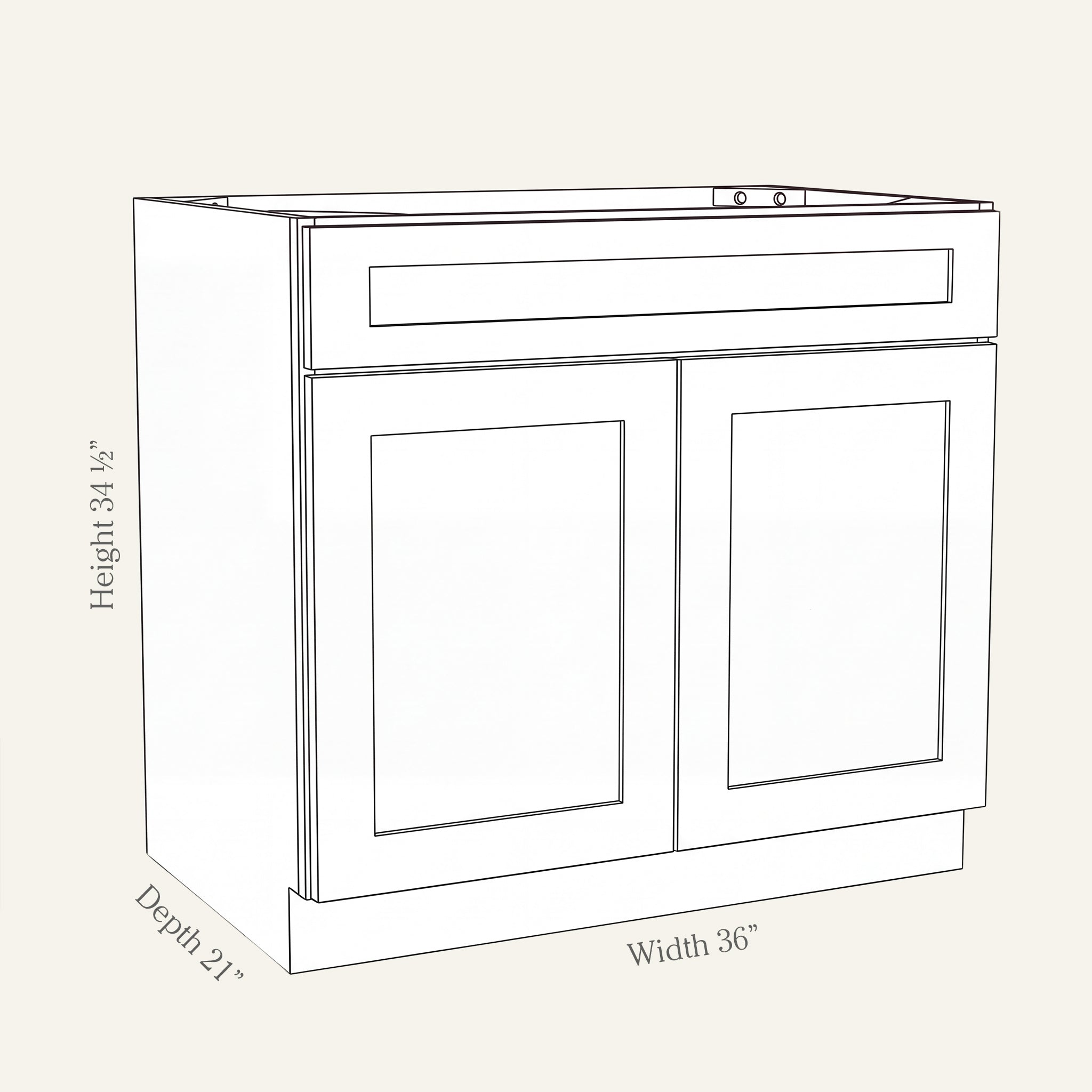 Angled line drawing of a Seaport Shaker vanity sink base with 2 doors and a false drawer front, 36W, 34.5H, 21D.