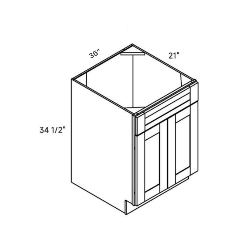 Light Gray traditional shaker vanity sink base, 36″ wide, 34.5″ high, 21″ deep, shown in a technical line drawing with dimensions. Part of the Seaport line from the Kitchen & Cabinet Store.