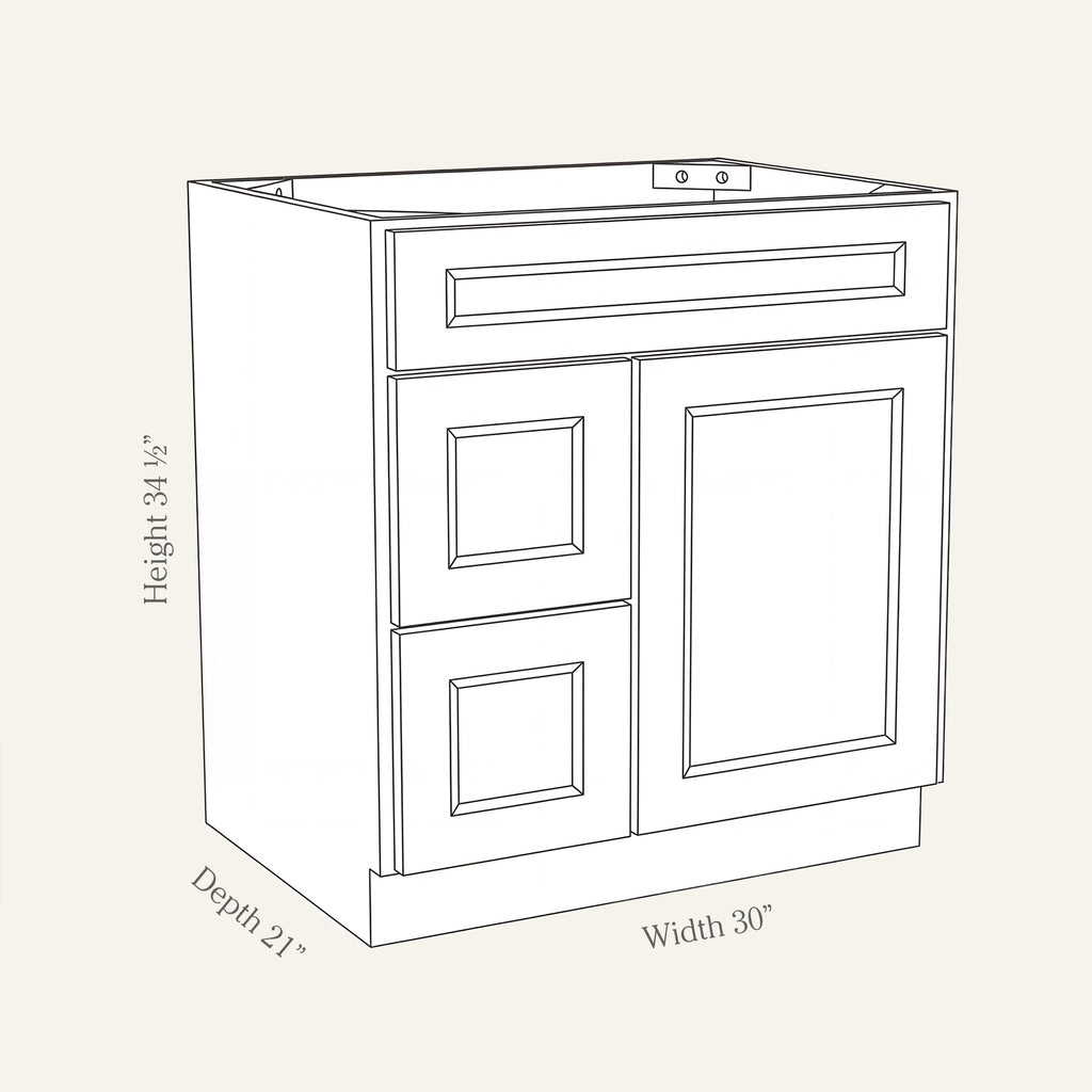Dimension drawing of a Belmont Shaker vanity sink combo cabinet with 1 door and 2 left-side drawers, 30W, 34.5H, 21D.