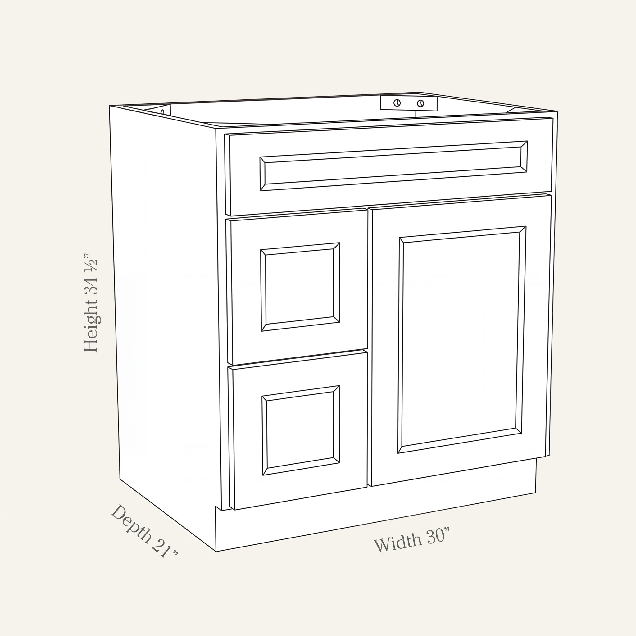 Dimension drawing of a Belmont Shaker vanity sink combo cabinet with 1 door and 2 left-side drawers, 30W, 34.5H, 21D.