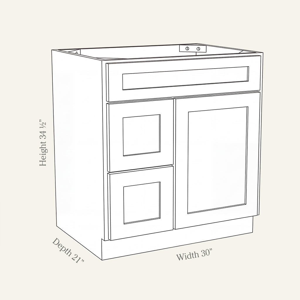Angled line drawing of a Seaport Shaker sink combo with 1 door and 2 left-side drawers, 30W, 34.5H, 21D.