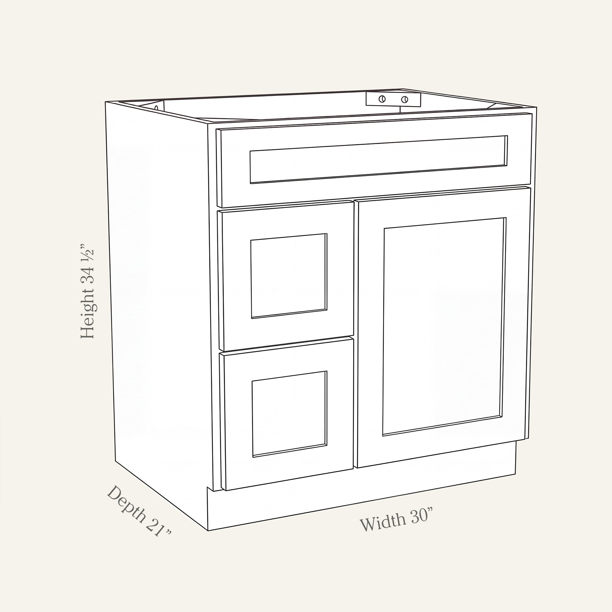 Angled line drawing of a Seaport Shaker sink combo with 1 door and 2 left-side drawers, 30W, 34.5H, 21D.
