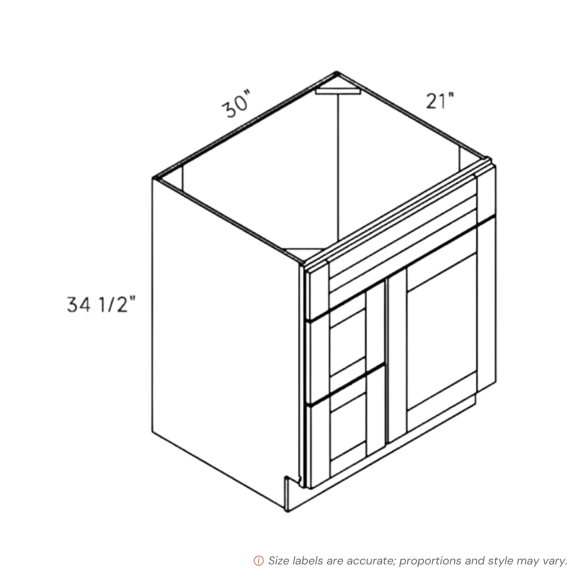 Green contemporary shaker vanity sink & drawer left, 30″ wide, 34.5″ high, 21″ deep, shown in a technical line drawing with dimensions. Part of the Belmont line from the Kitchen & Cabinet Store.