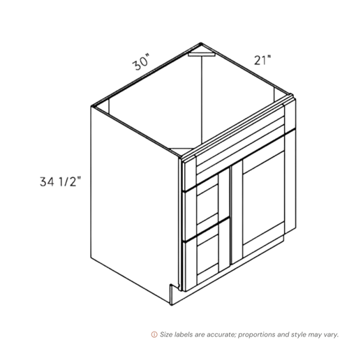 Driftwood traditional shaker vanity sink & drawer left, 30″ wide, 34.5″ high, 21″ deep, shown in a technical line drawing with dimensions. Part of the Seaport line from the Kitchen & Cabinet Store.
