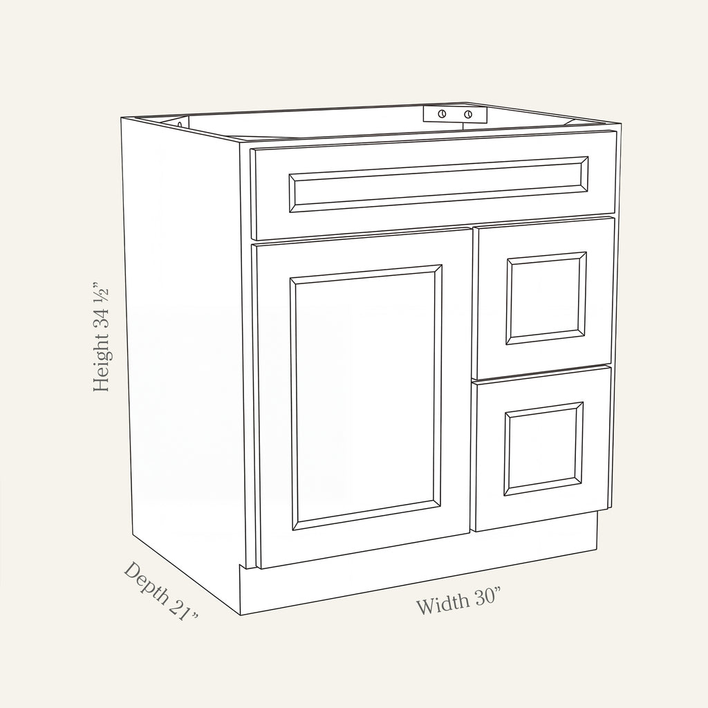 Dimension drawing of a Belmont Shaker vanity sink combo cabinet with 1 door and 2 right-side drawers, 30W, 34.5H, 21D.