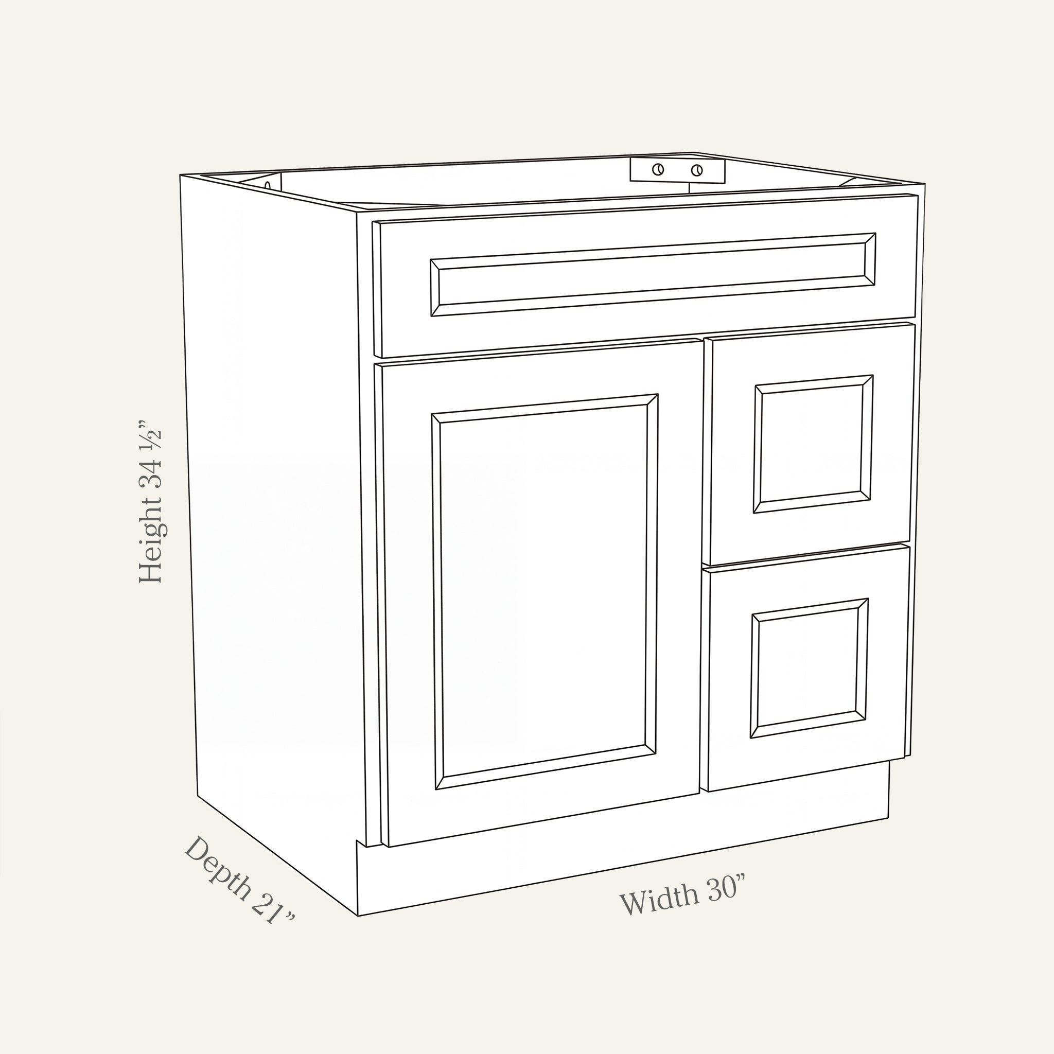 Dimension drawing of a Belmont Shaker vanity sink combo cabinet with 1 door and 2 right-side drawers, 30W, 34.5H, 21D.