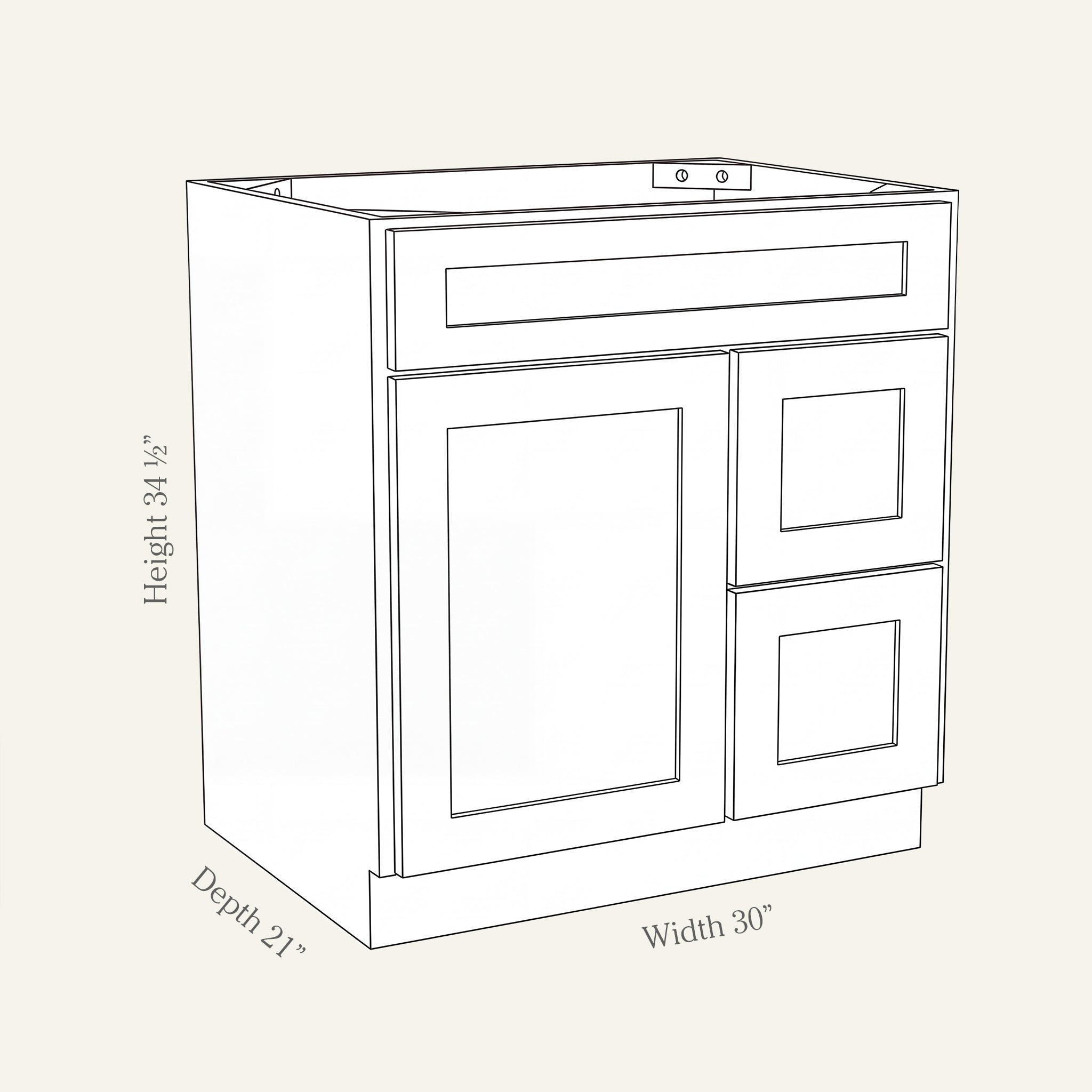 Angled line drawing of a Seaport Shaker sink combo with 1 door and 2 right-side drawers, 30W, 34.5H, 21D.